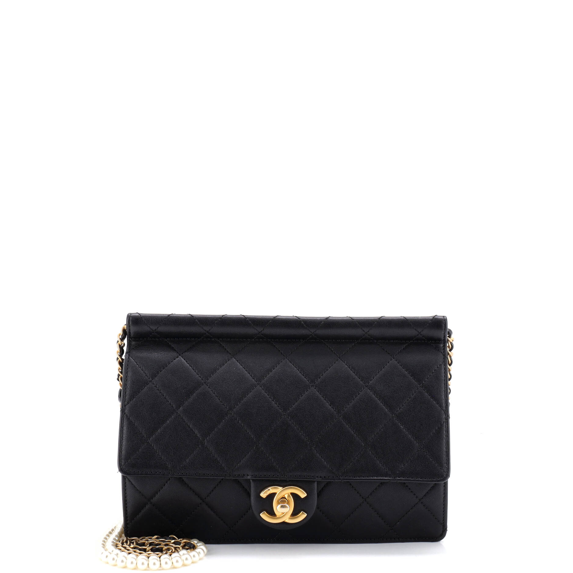 Pearl Chain Flap Bag Quilted Lambskin Large