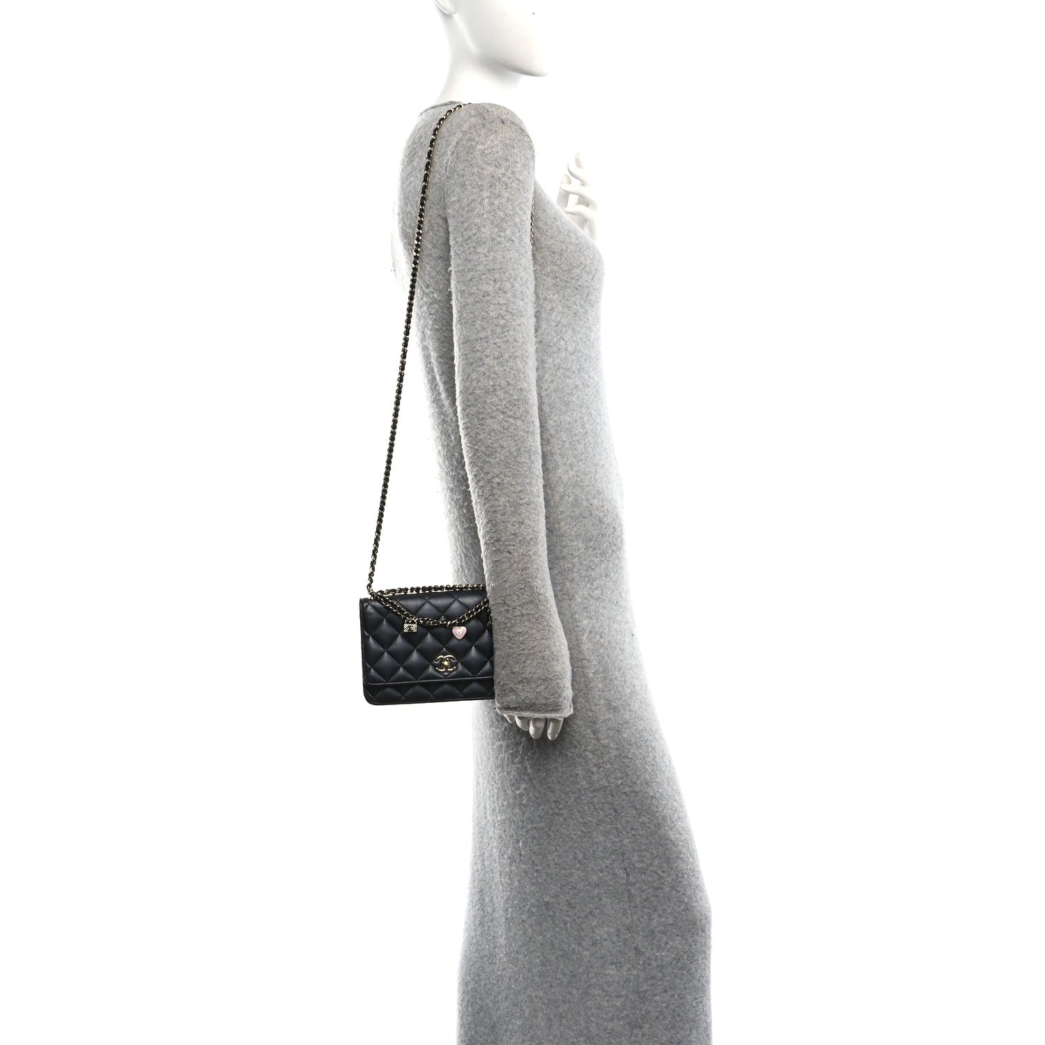 Pearly Lambskin Quilted Charms Wallet On Chain WOC Black