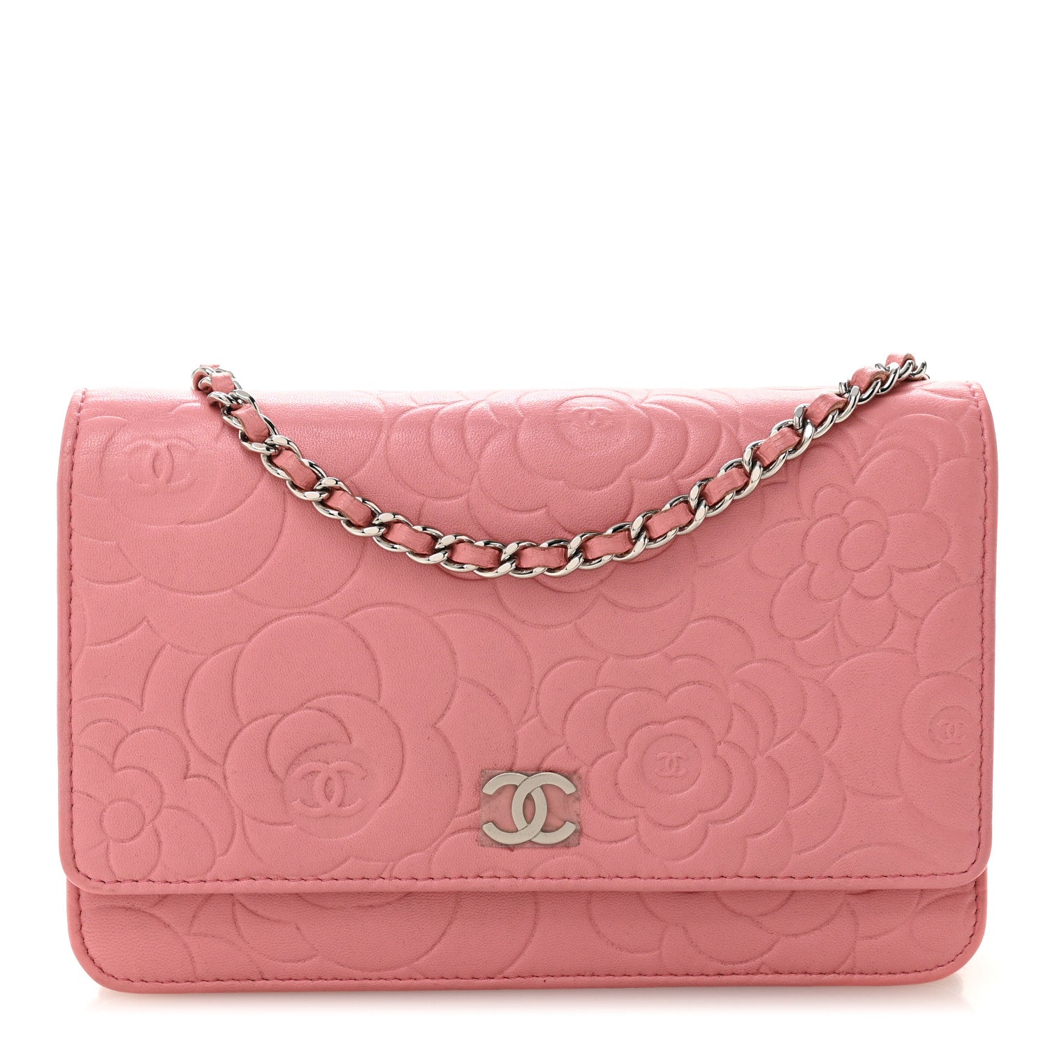 Lambskin Camellia Embossed Wallet on Chain WOC Pink