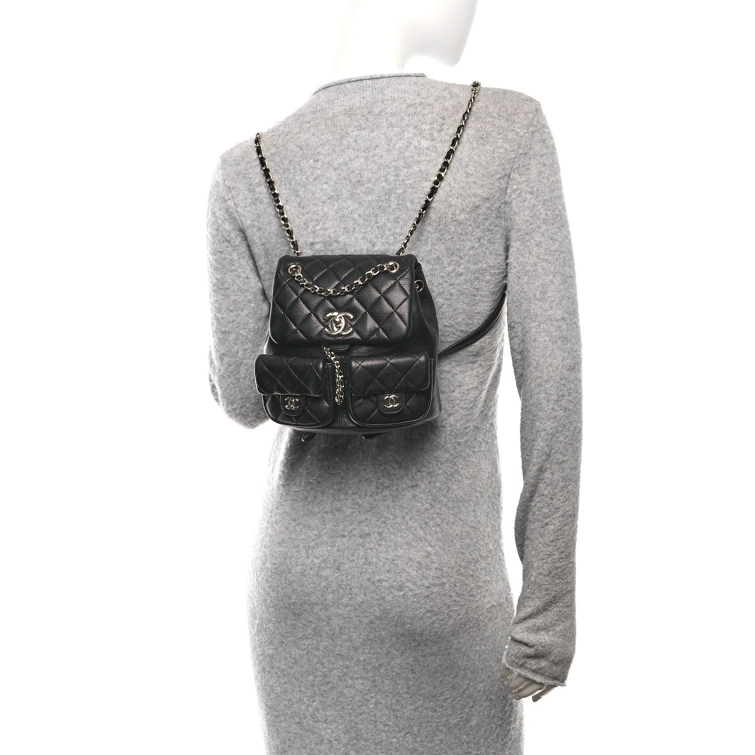 Shiny Caviar Quilted Medium Duma Pockets Drawstring Backpack Black