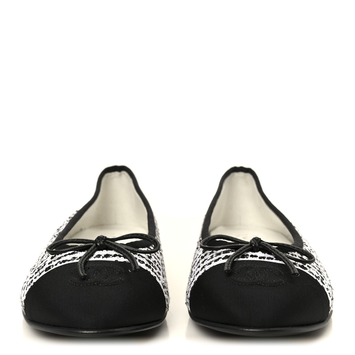 Tweed Sequin Grosgrain Cap Toe Ballerina Flats 39.5 Black White
