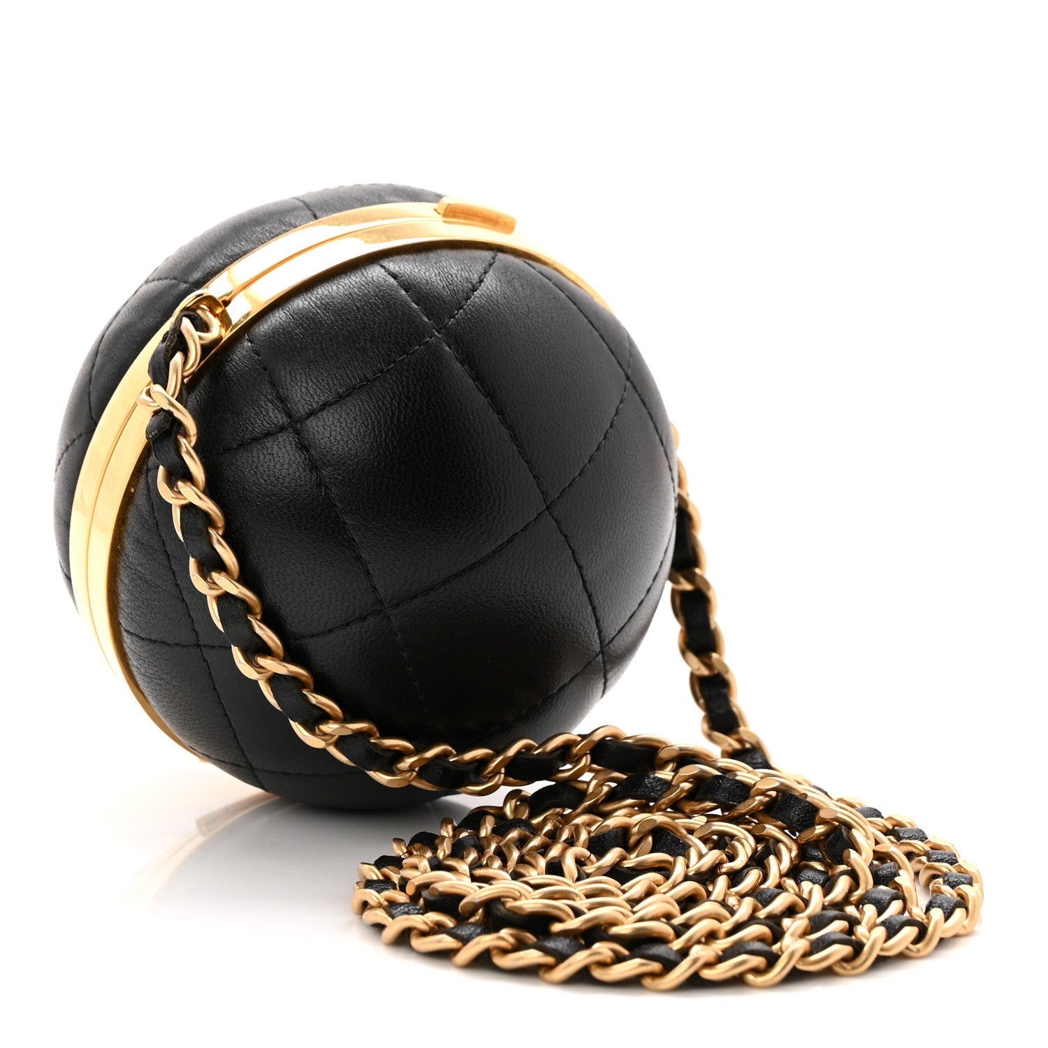 Lambskin Quilted Sphere Minaudiere Chain Clutch Black