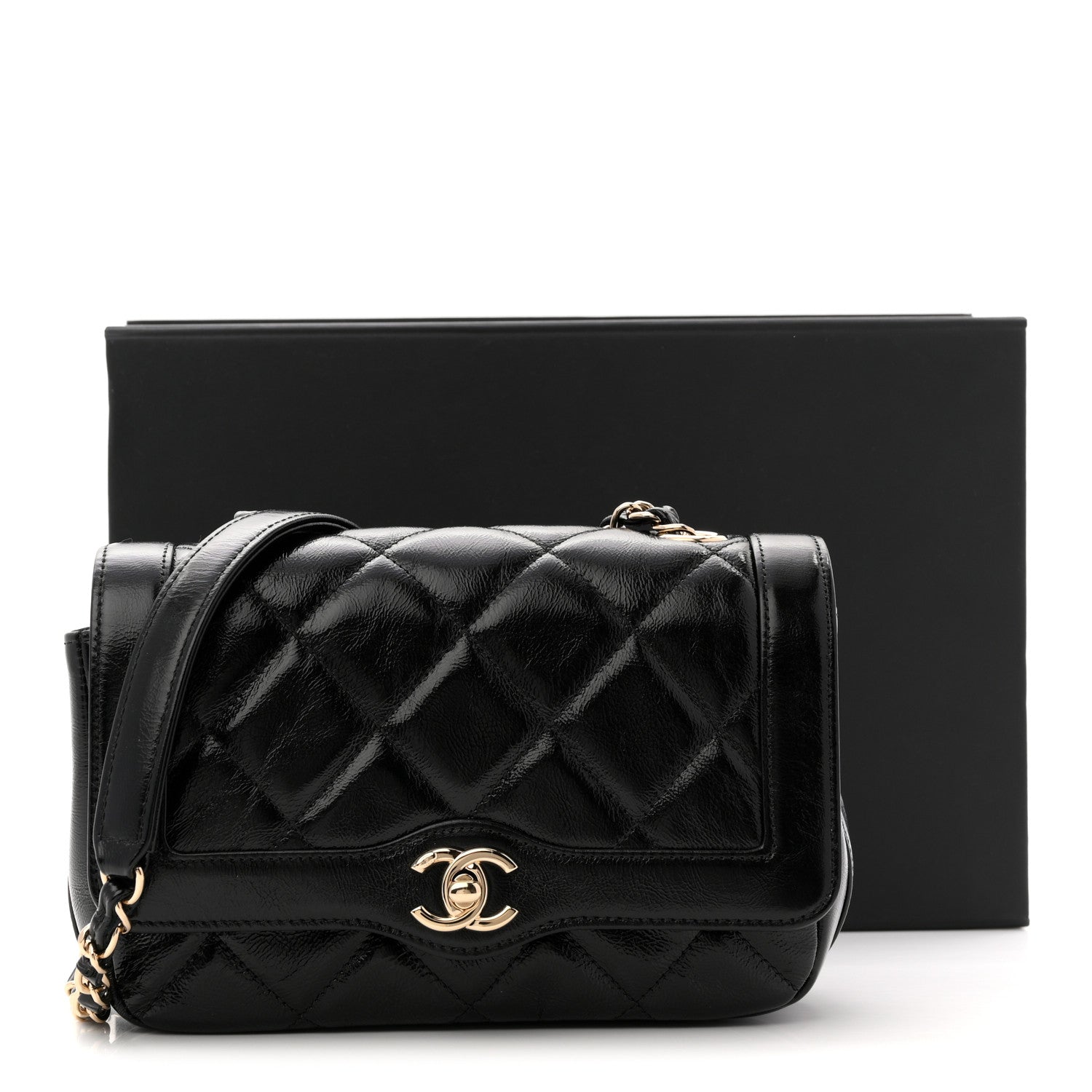 Crumpled Glazed Lambskin Quilted Mini Flap Black