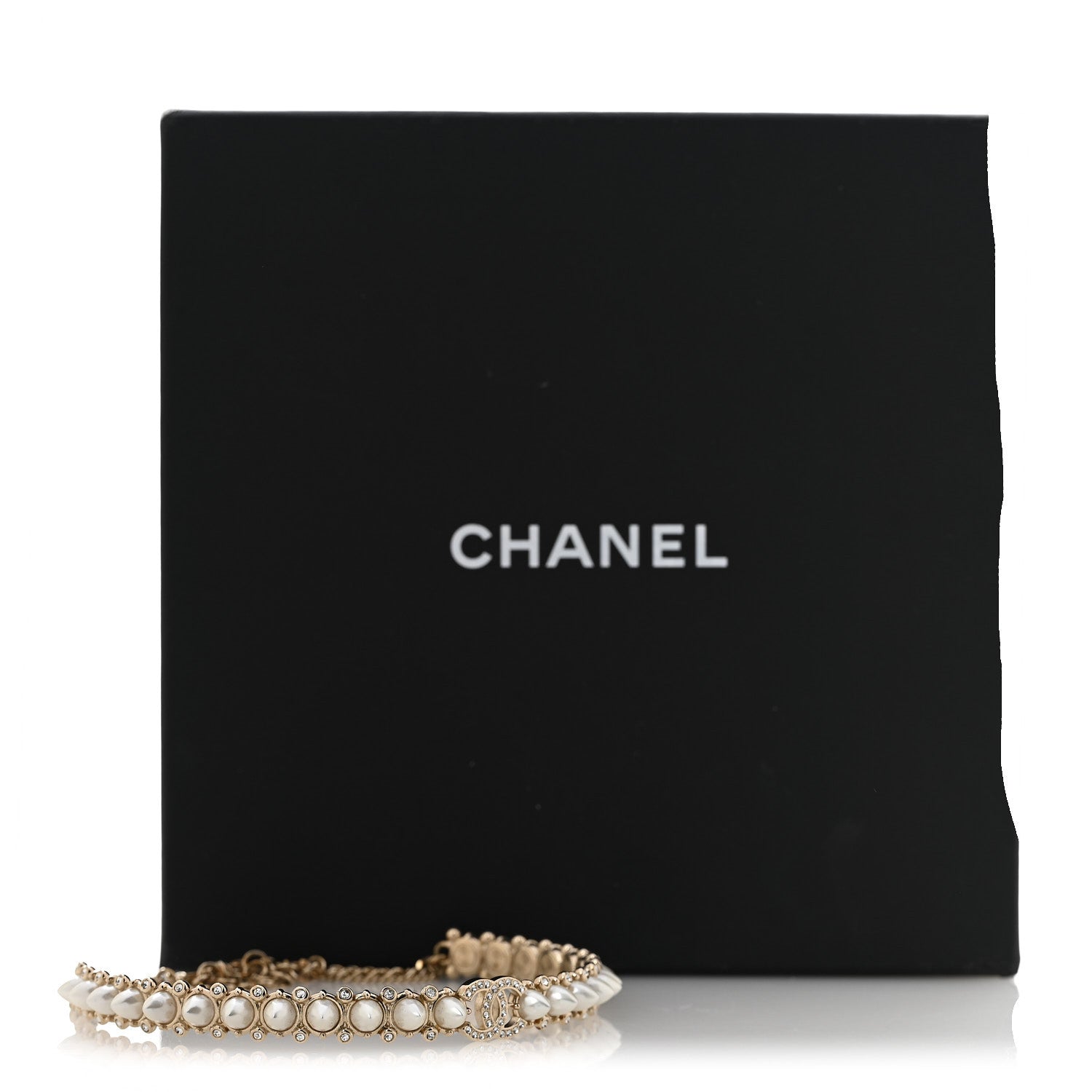 Strass Crystal Studded Pearl CC Choker Necklace Gold Pearly White
