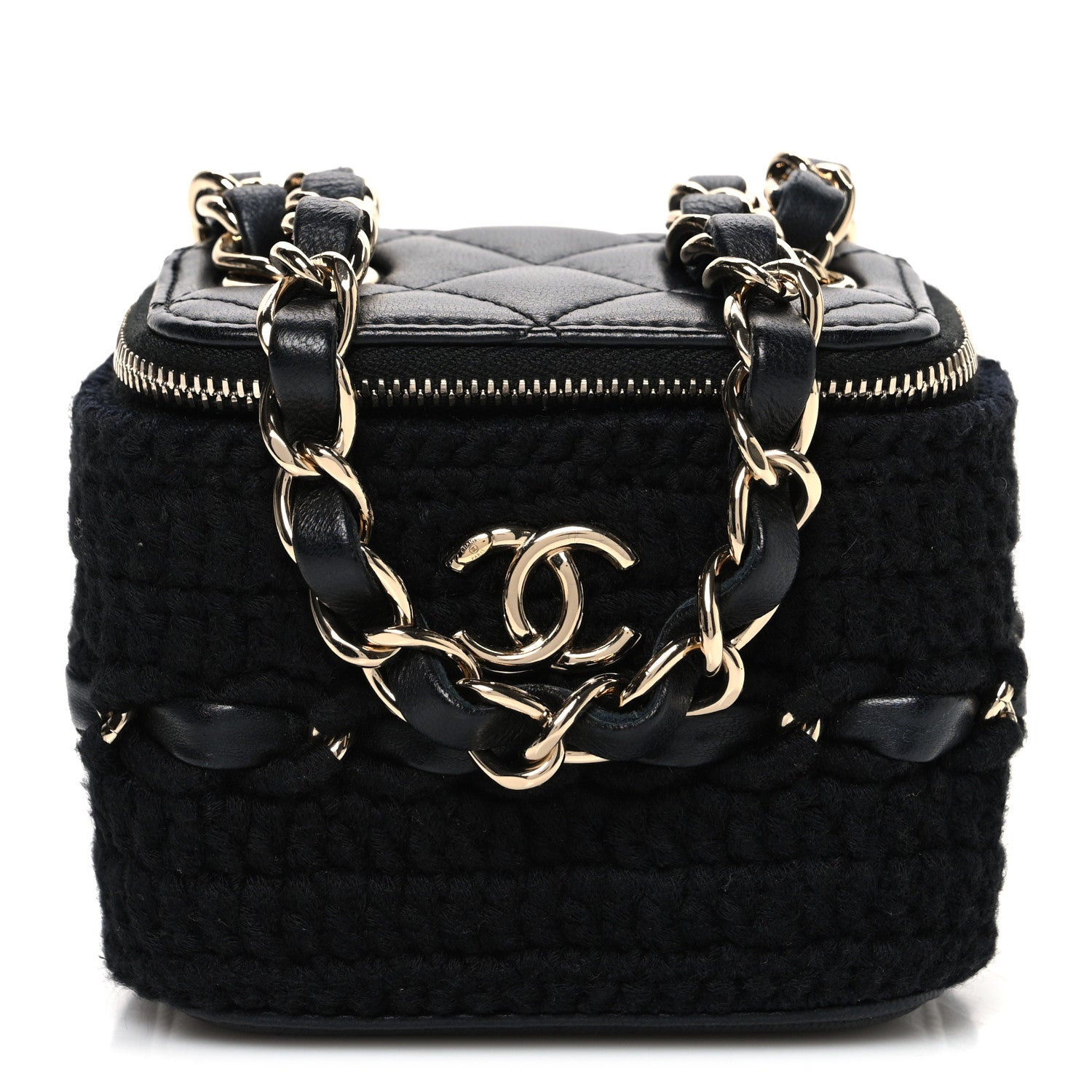 Lambskin Crochet Quilted Mini Vanity Case With Chain Black