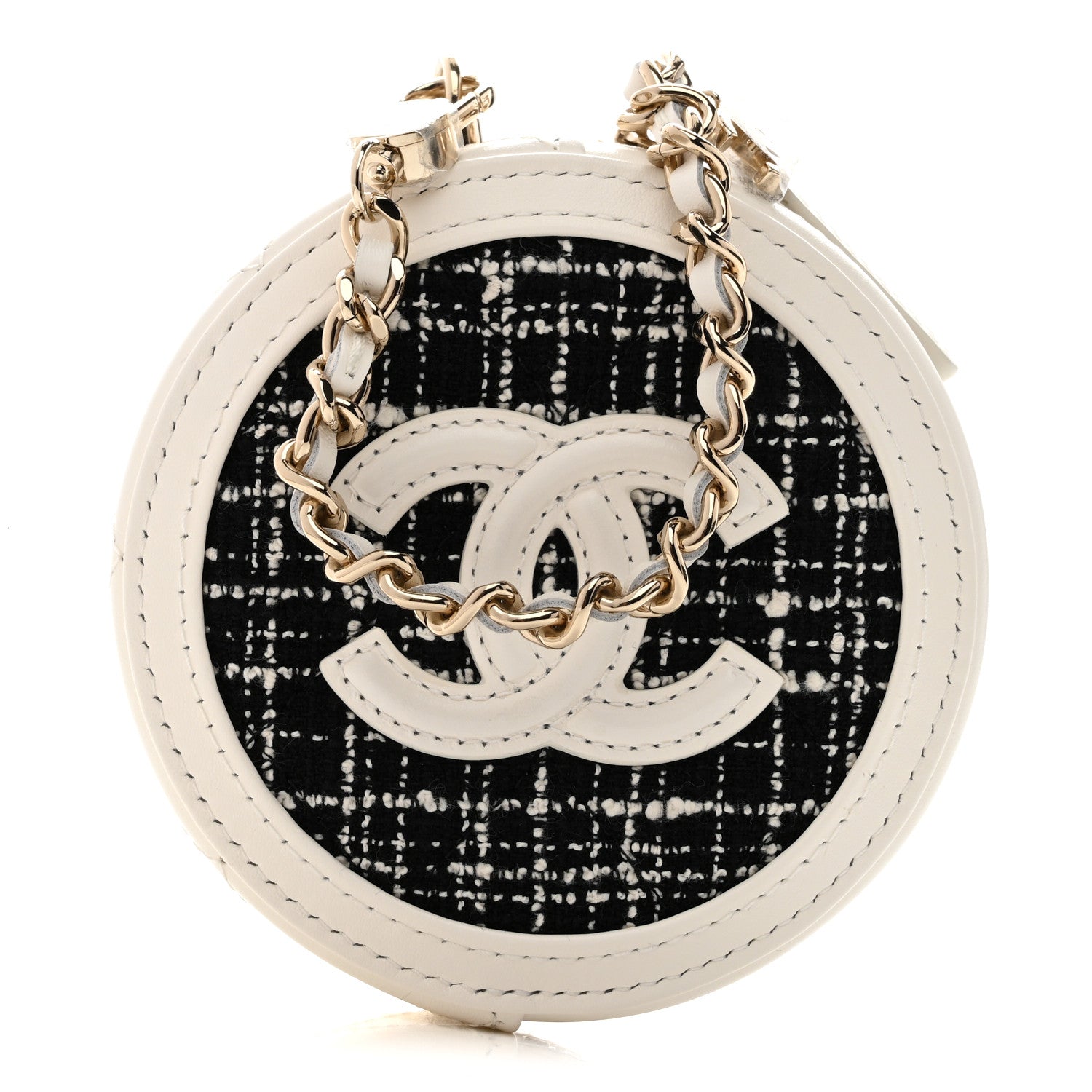 Tweed Quilted Round Filigree Pouch With Chain White Black