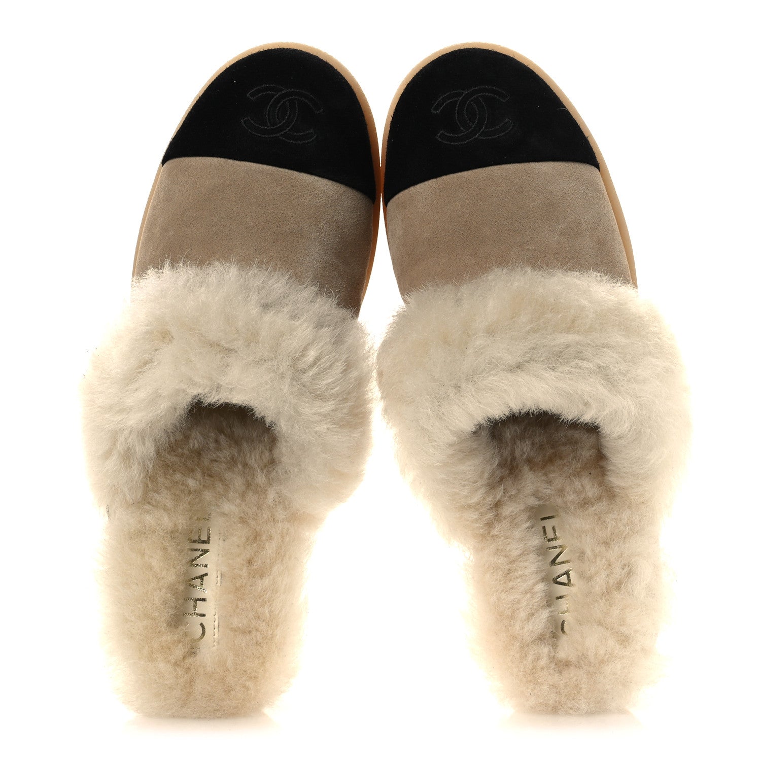 Suede Shearling CC Cap Toe Mules 39 Beige Black