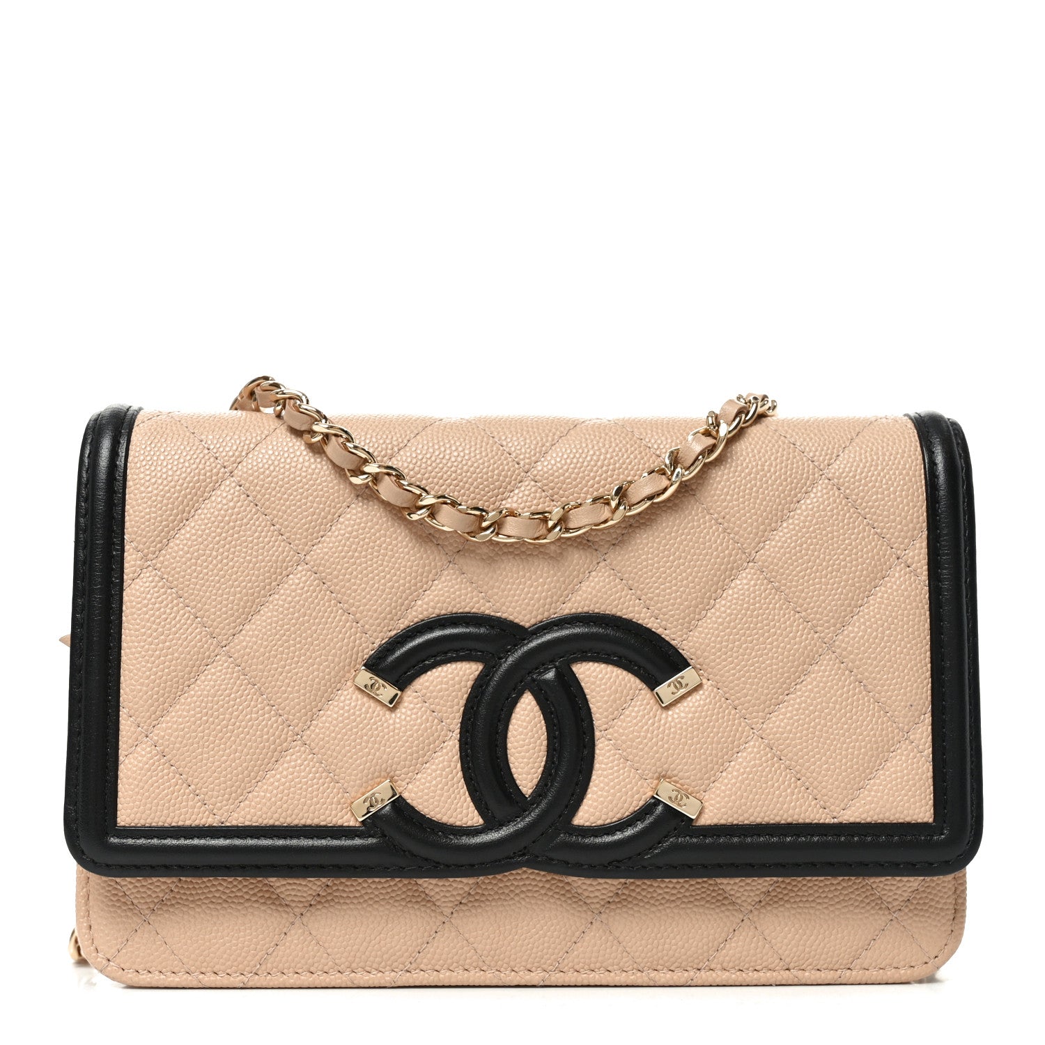 Caviar Quilted CC Filigree Wallet On Chain WOC Beige Black