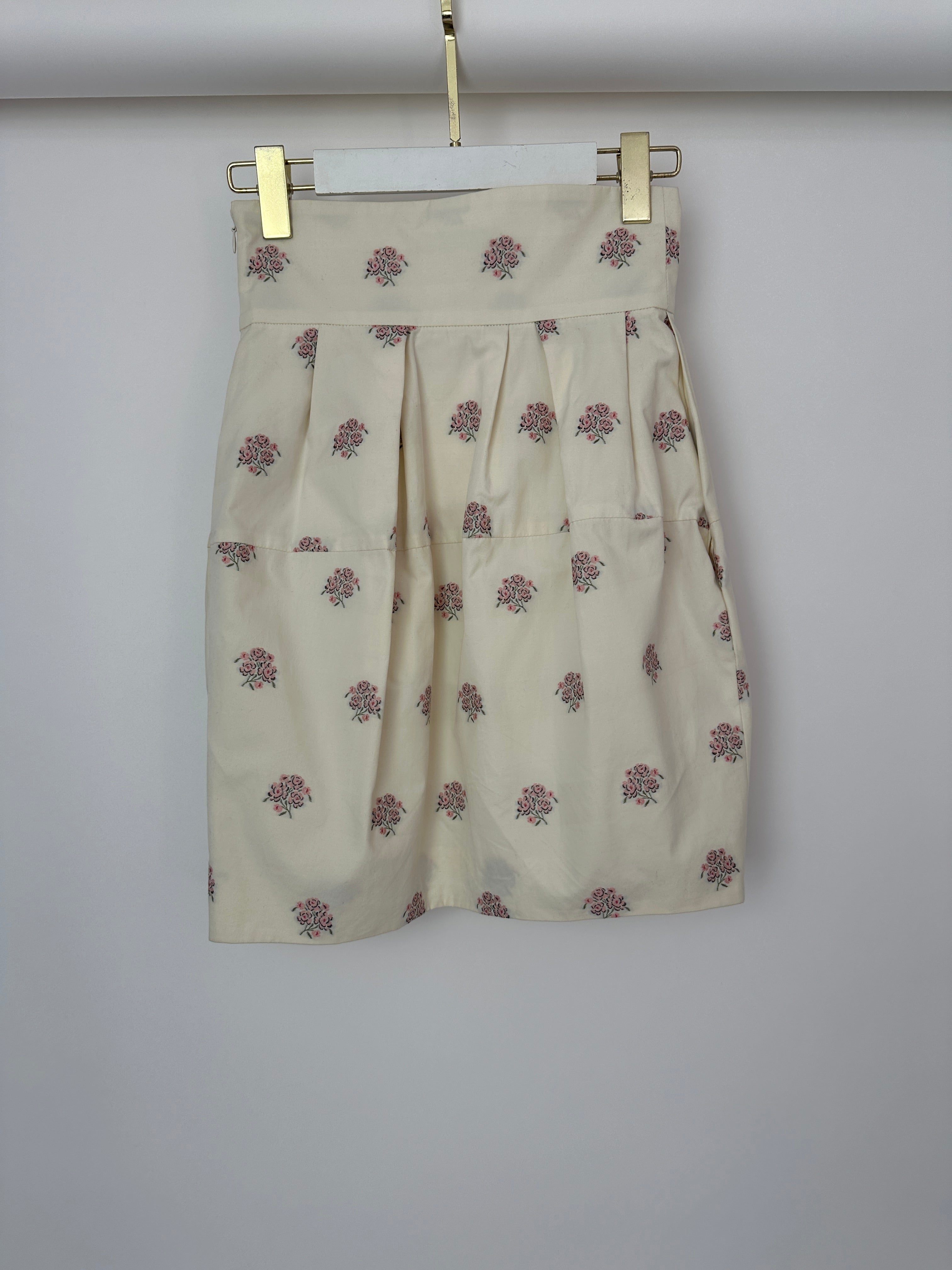 Christian Dior Cream and Pink Floral Print High-Waisted Mini Skirt with Pleated Detail Size FR 34 (UK 6)