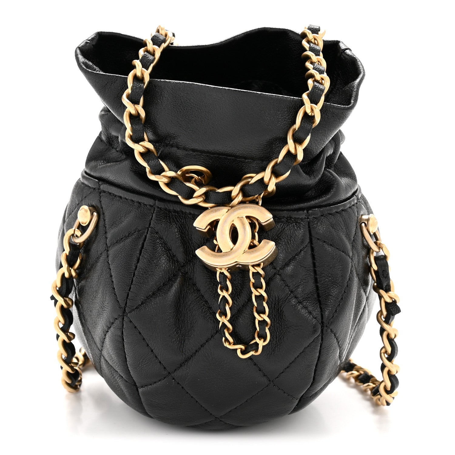 Shiny Lambskin Quilted Mini Drawstring CC Bucket Bag Black