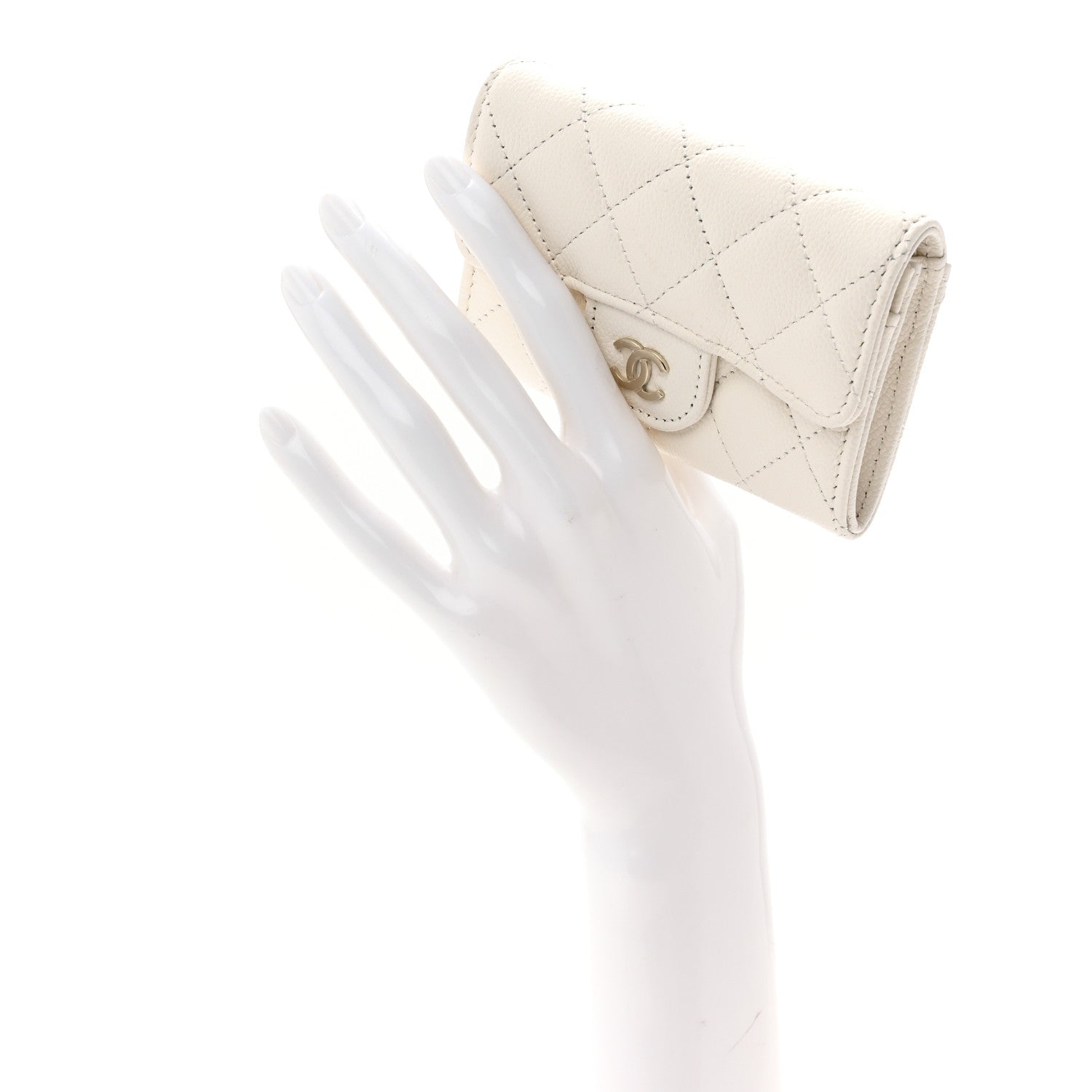 Caviar Quilted Flap Card Holder Wallet White