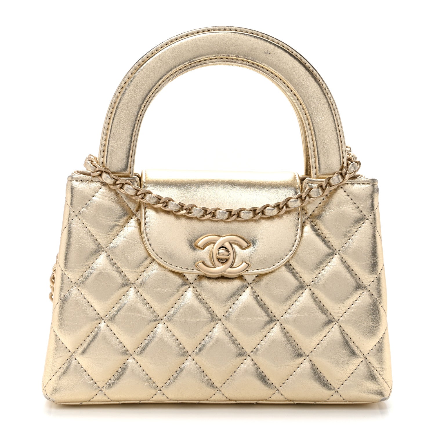 Metallic Shiny Aged Calfskin Quilted Nano Kelly Shopper Gold