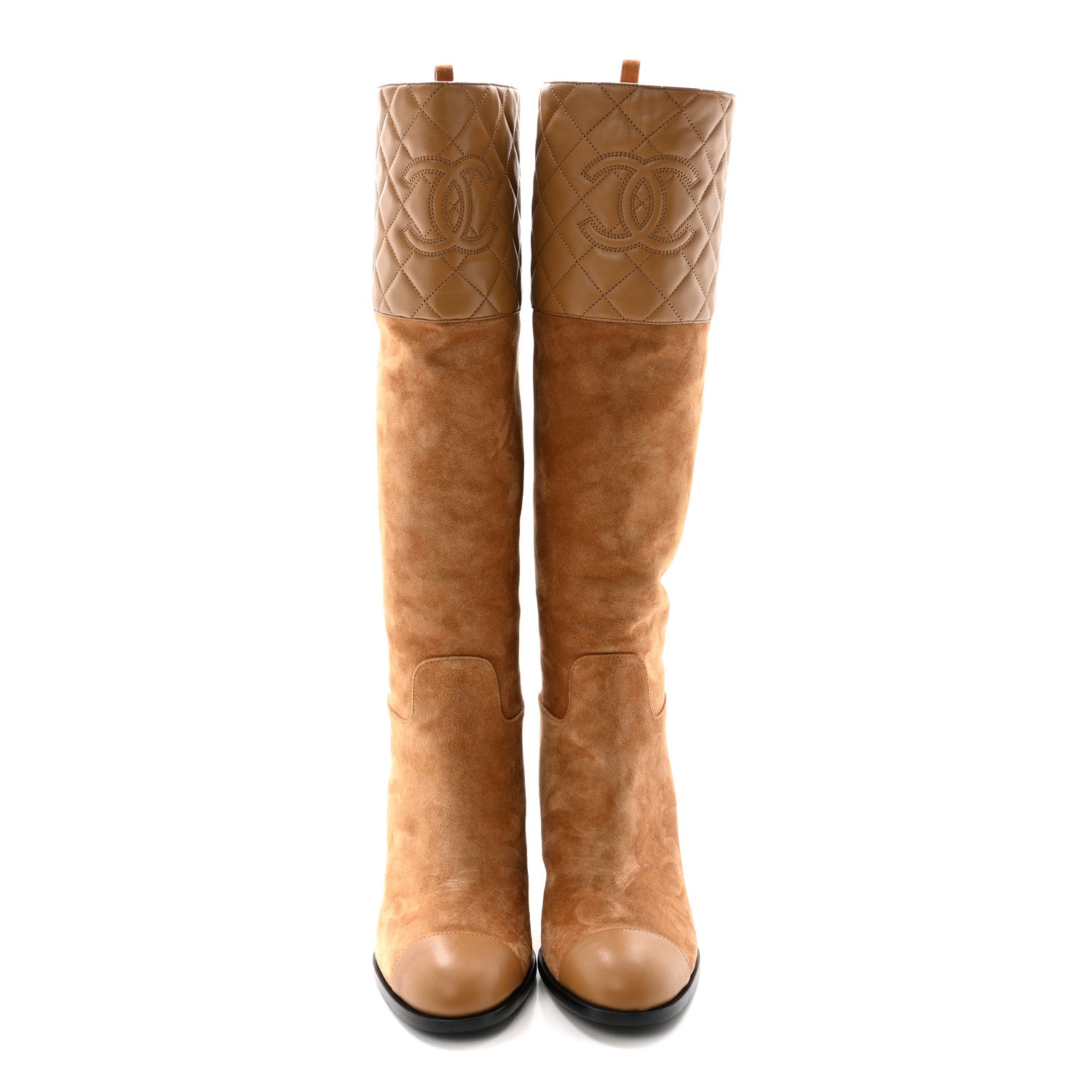 Suede Calfskin Lambskin Quilted Knee High Heel Boots 38 Beige