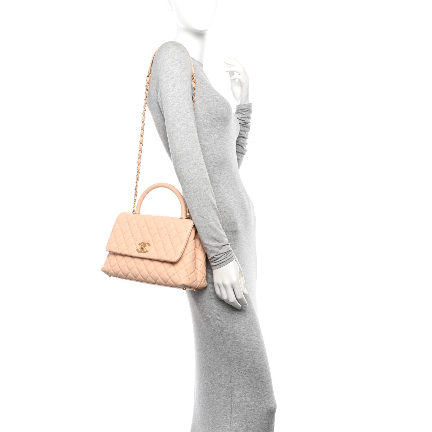 Caviar Quilted Small Coco Handle Flap Beige
