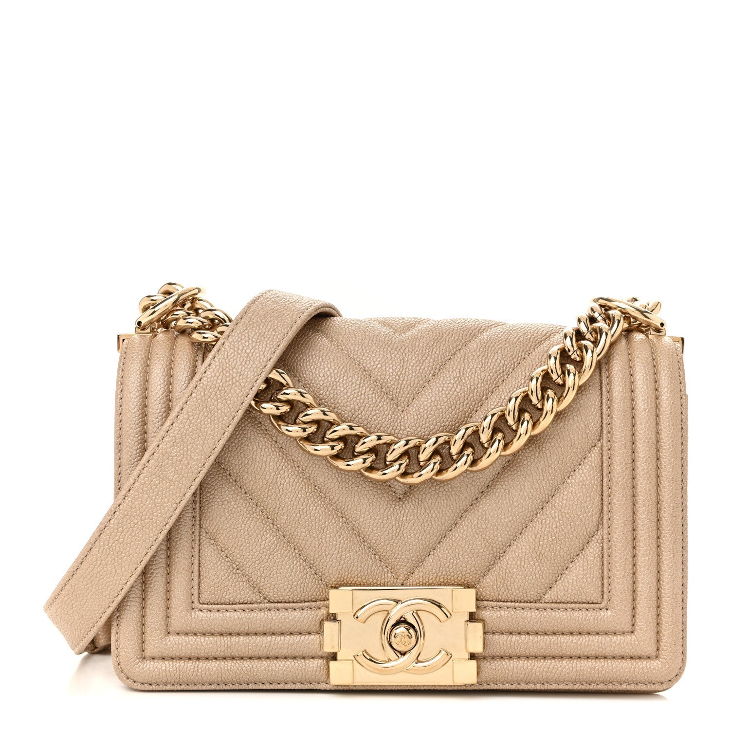 Iridescent Caviar Chevron Quilted Small Boy Flap Beige