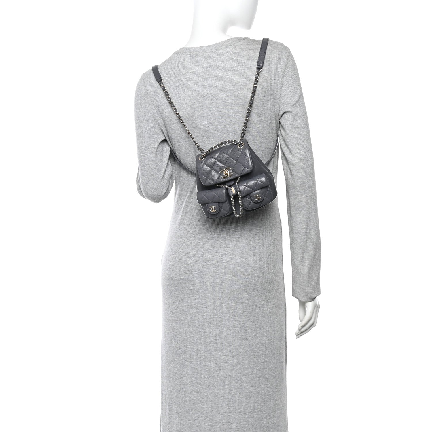 Shiny Caviar Quilted Small Duma Pockets Drawstring Backpack Grey