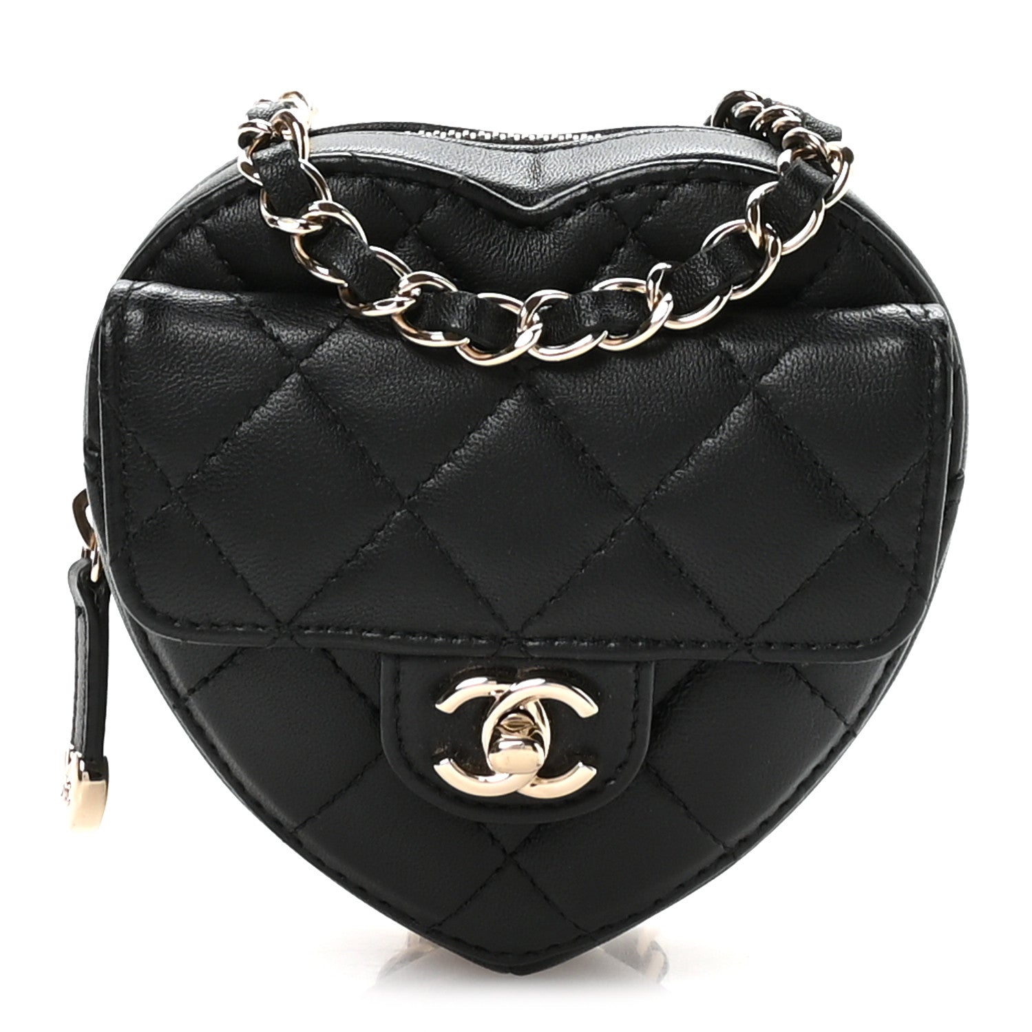 Lambskin Quilted CC In Love Heart Waist Belt Bag With Chain Black
