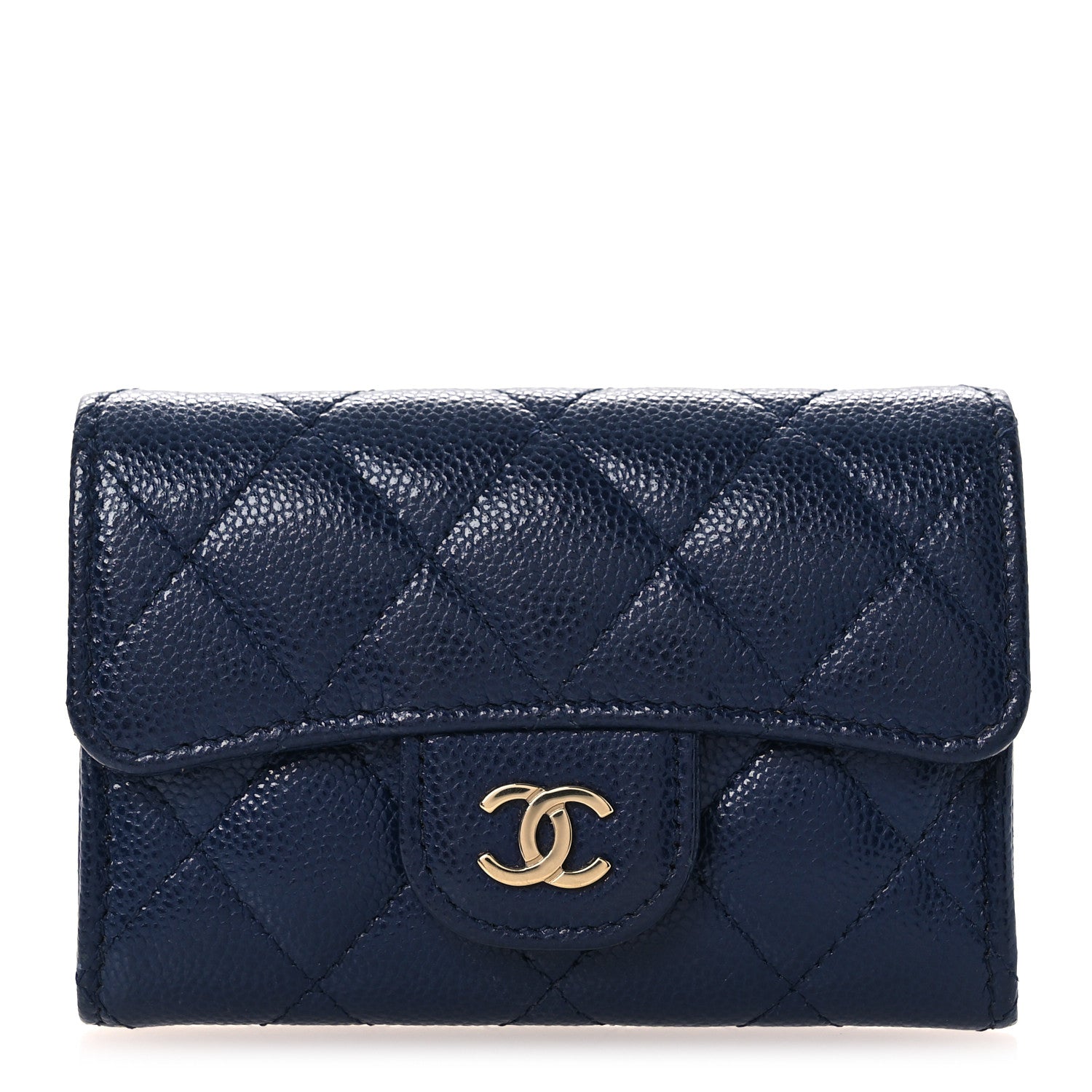 Caviar Quilted Flap Card Holder Wallet Navy Blue