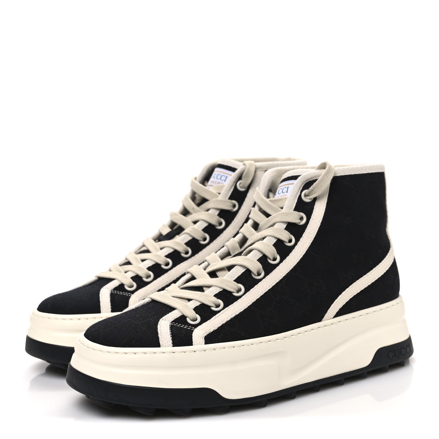 New Canvas GG Monogram Womens Tennis 1977 High Top 55mm Platform Sneakers 39.5 Black Mystic White