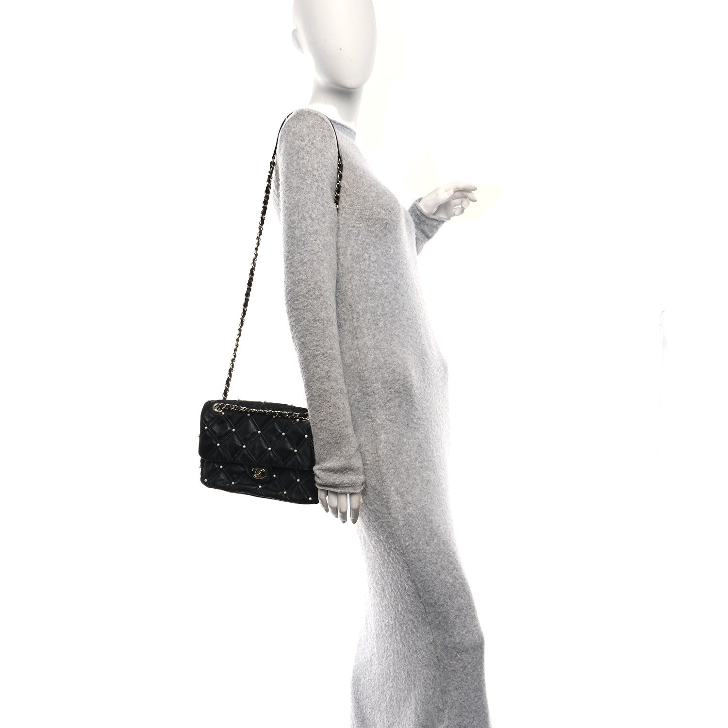 Lambskin Quilted Pearl Studded Flap Black