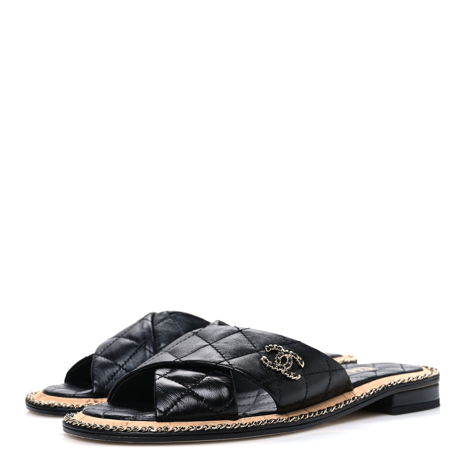Lambskin Quilted Chain CC Sandals 36 Black