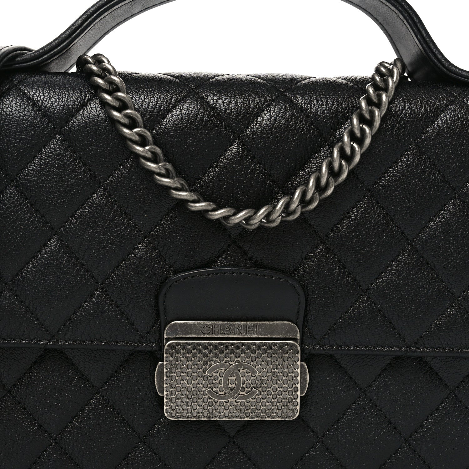 Goatskin Quilted Small CC University Top Handle Flap Black