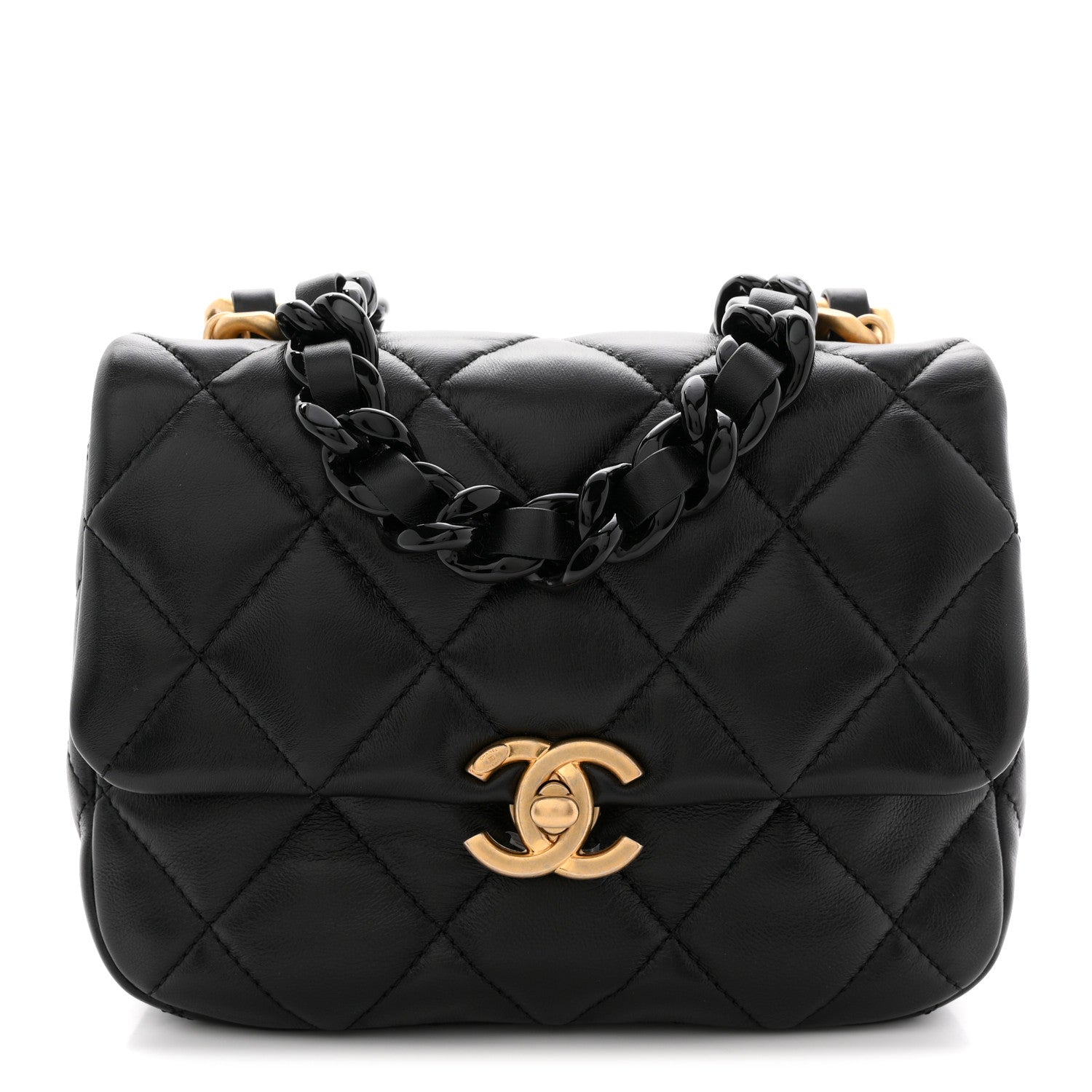 Lambskin Quilted Mini Lacquered Chain Flap Black