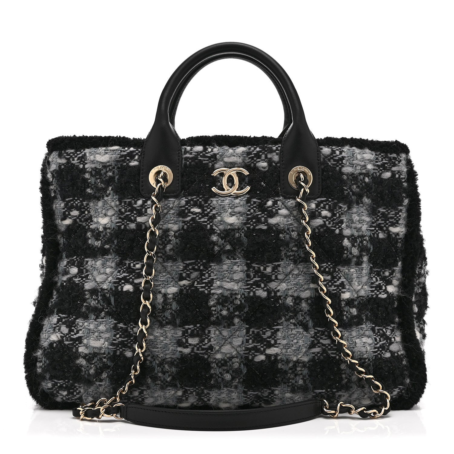 Tweed Shearling Quilted Lambskin Shopping Tote  Black Grey