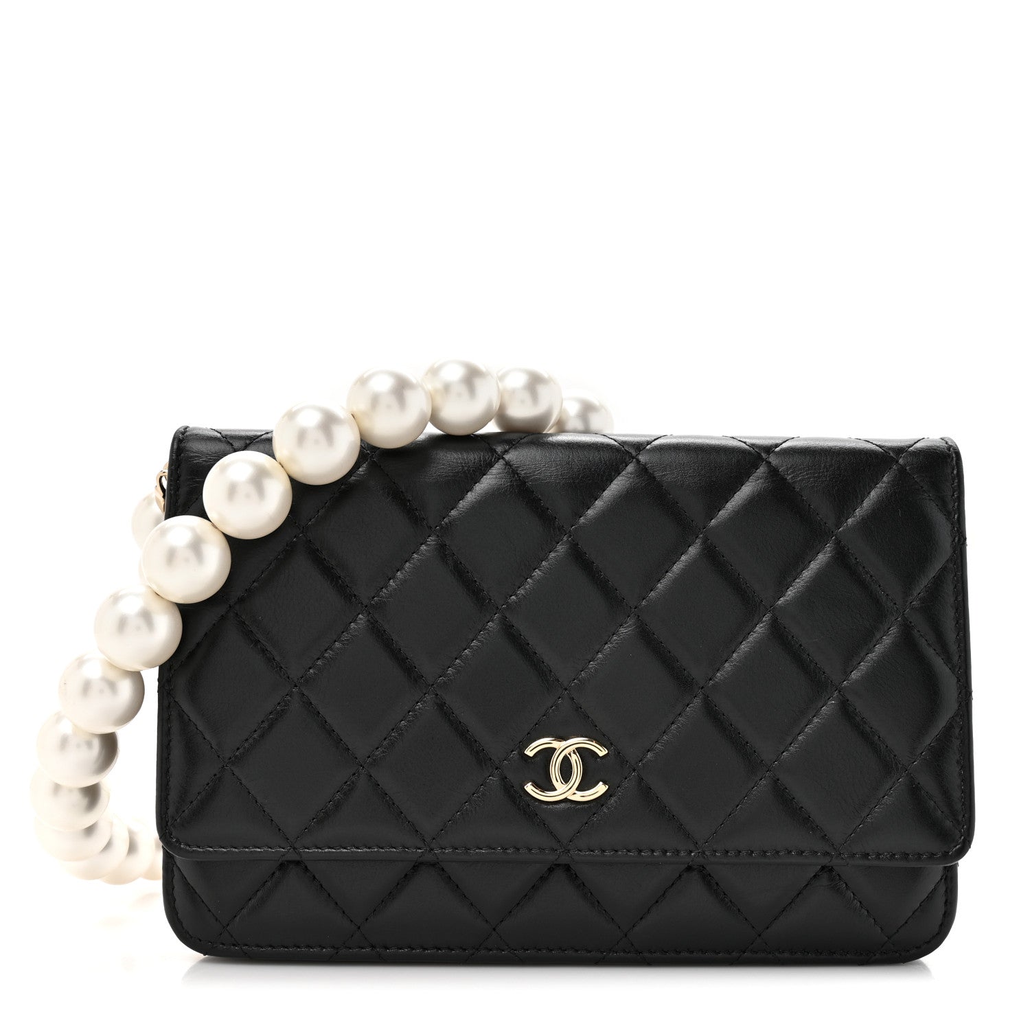 Lambskin Quilted Pearl Wallet On Chain WOC Black