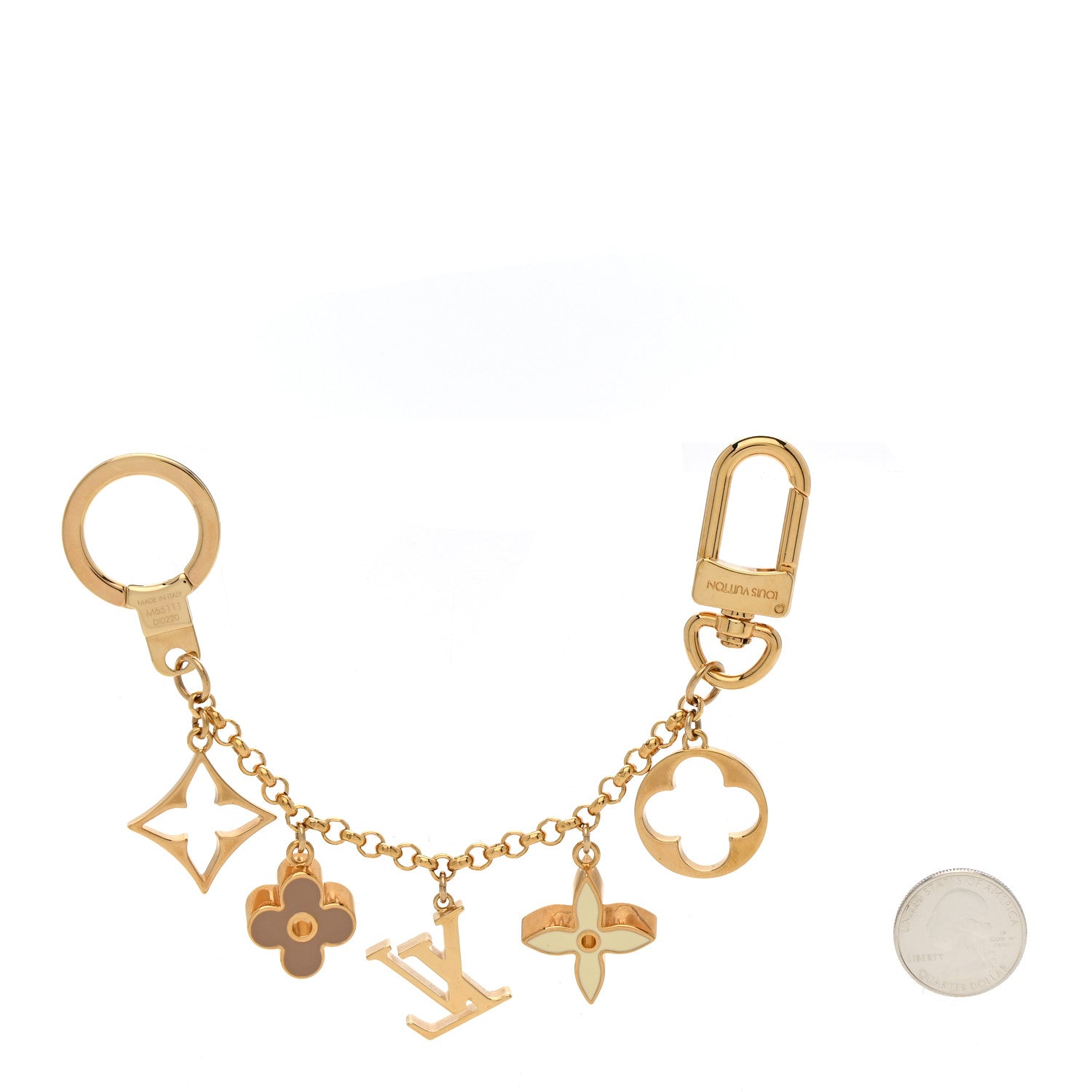 Brass Enamel Fleur De Monogram Bag Charm Chain Gold