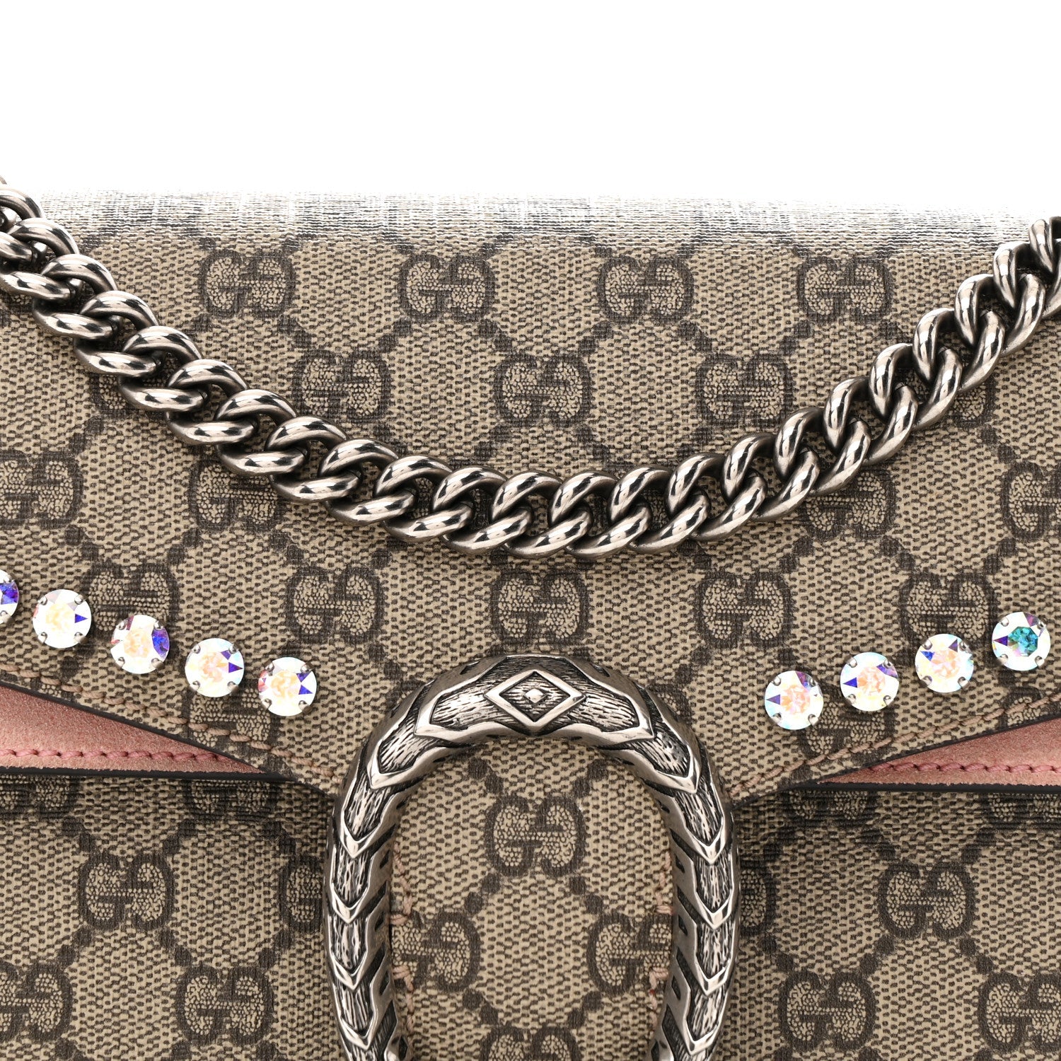 GG Supreme Monogram Suede Crystal Small Dionysus Shoulder Bag Beige Ebony Light Peonia
