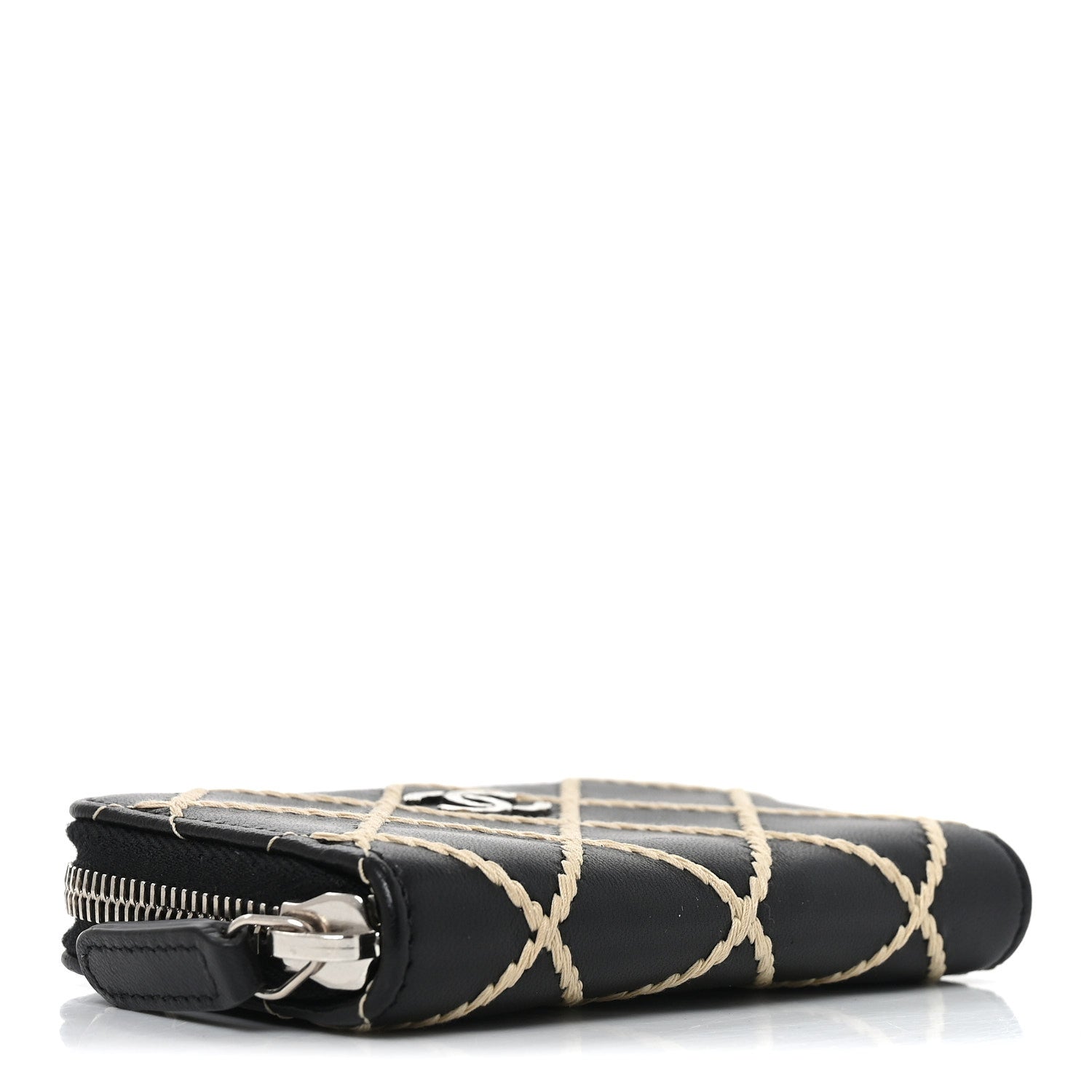 Lambskin Double Stitch Zip Coin Purse Black
