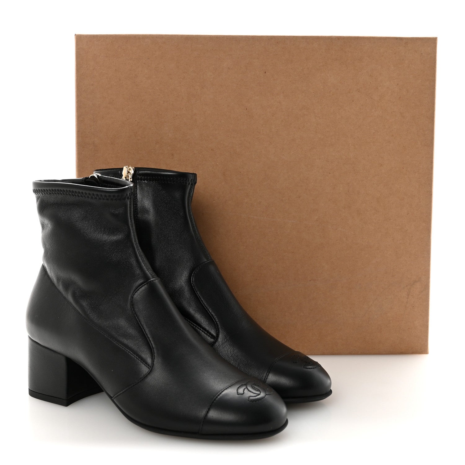 Stretch Lambskin Cap Toe CC Short Boots 35 Black