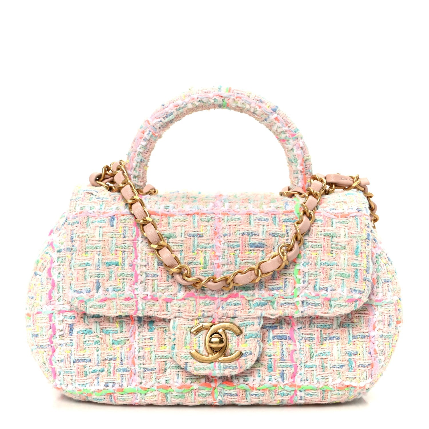Tweed Quilted Baywatch Top Handle Flap Light Pink Green Orange Purple
