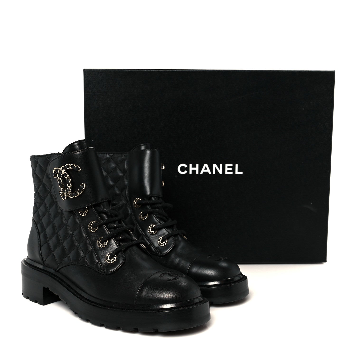 Shiny Lambskin Quilted Lace Up Combat Boots 39 Black