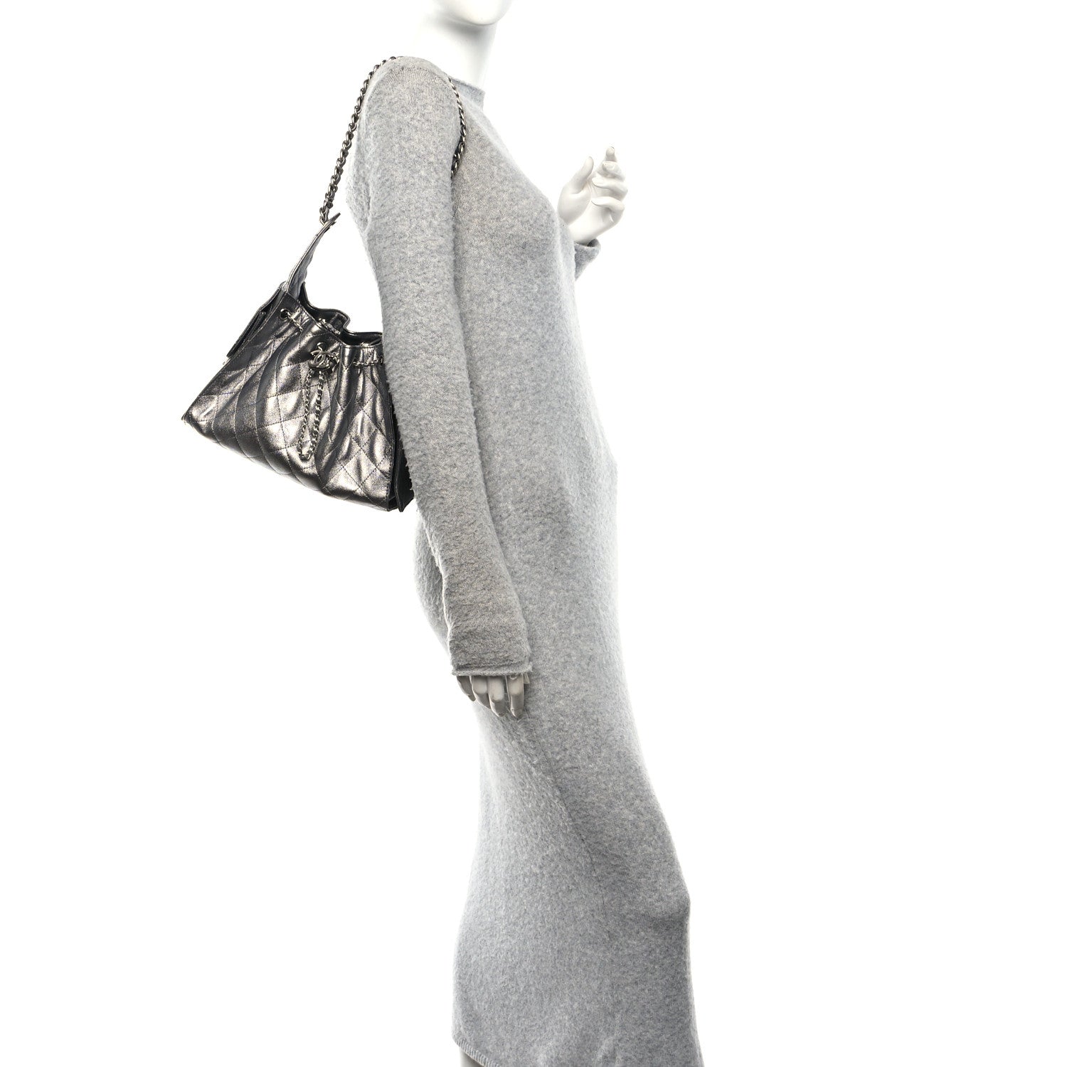 Metallic Caviar Quilted Small Chanel 25 Handbag Silver