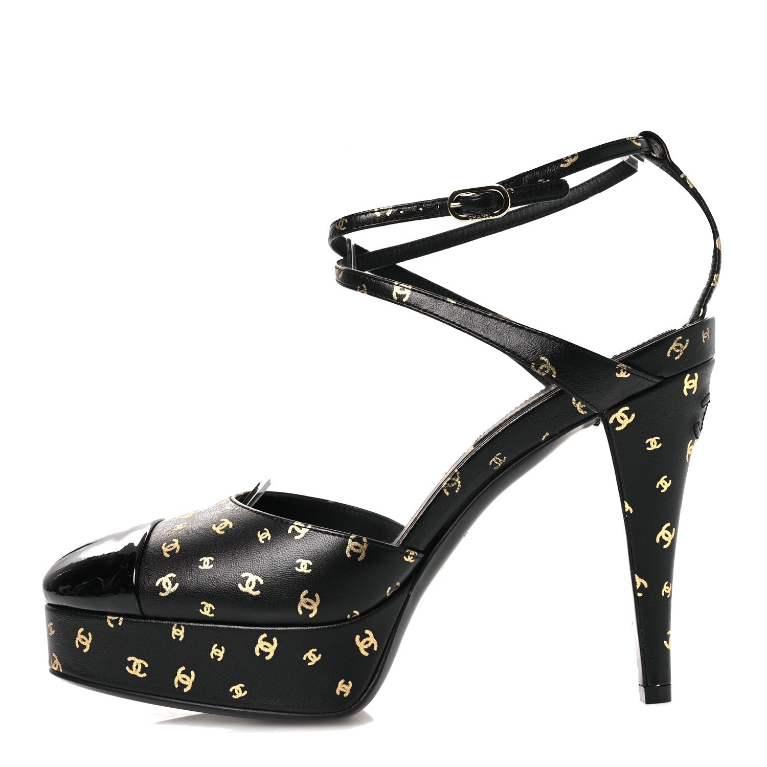 Printed Lambskin CC Platform Pumps 37.5 Black Gold