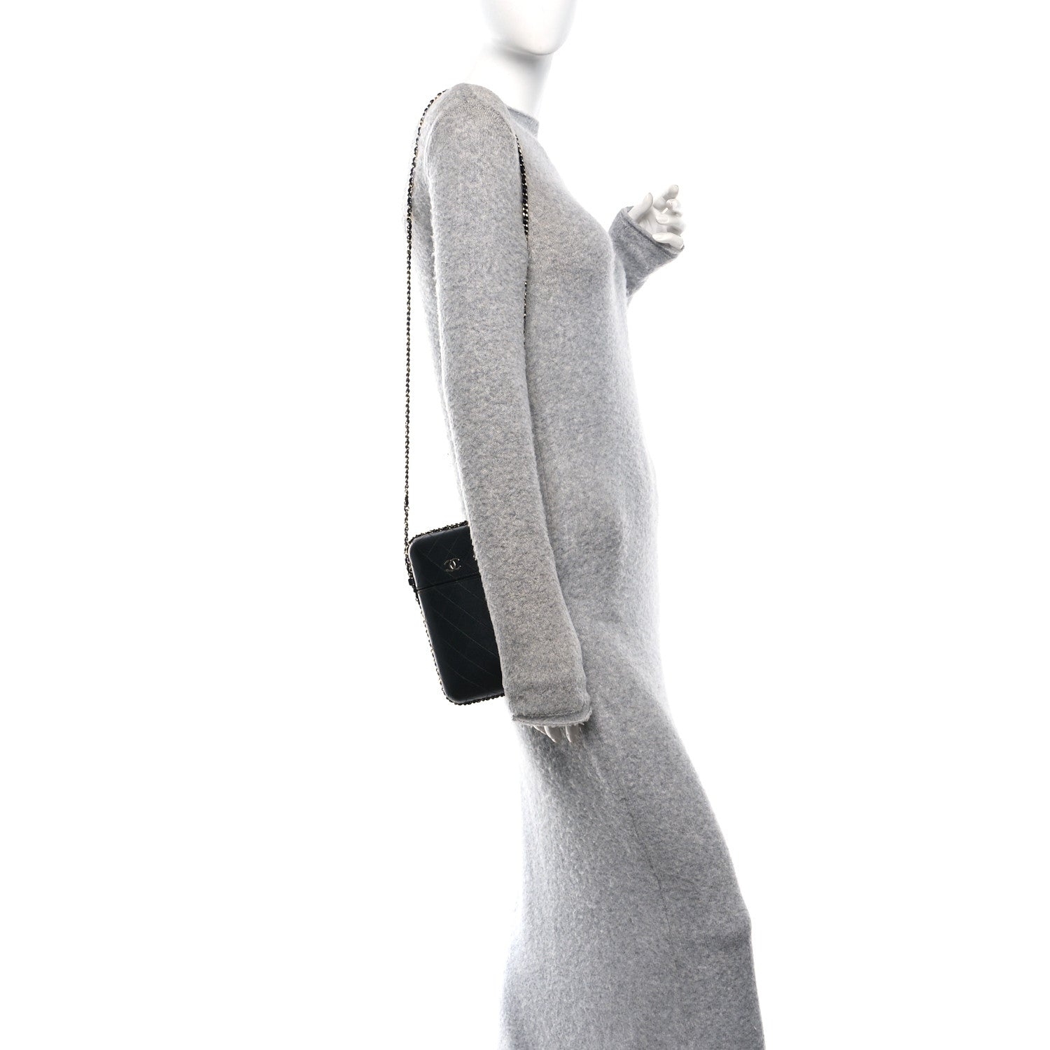 Lambskin Quilted Chain Around Phone Holder Black