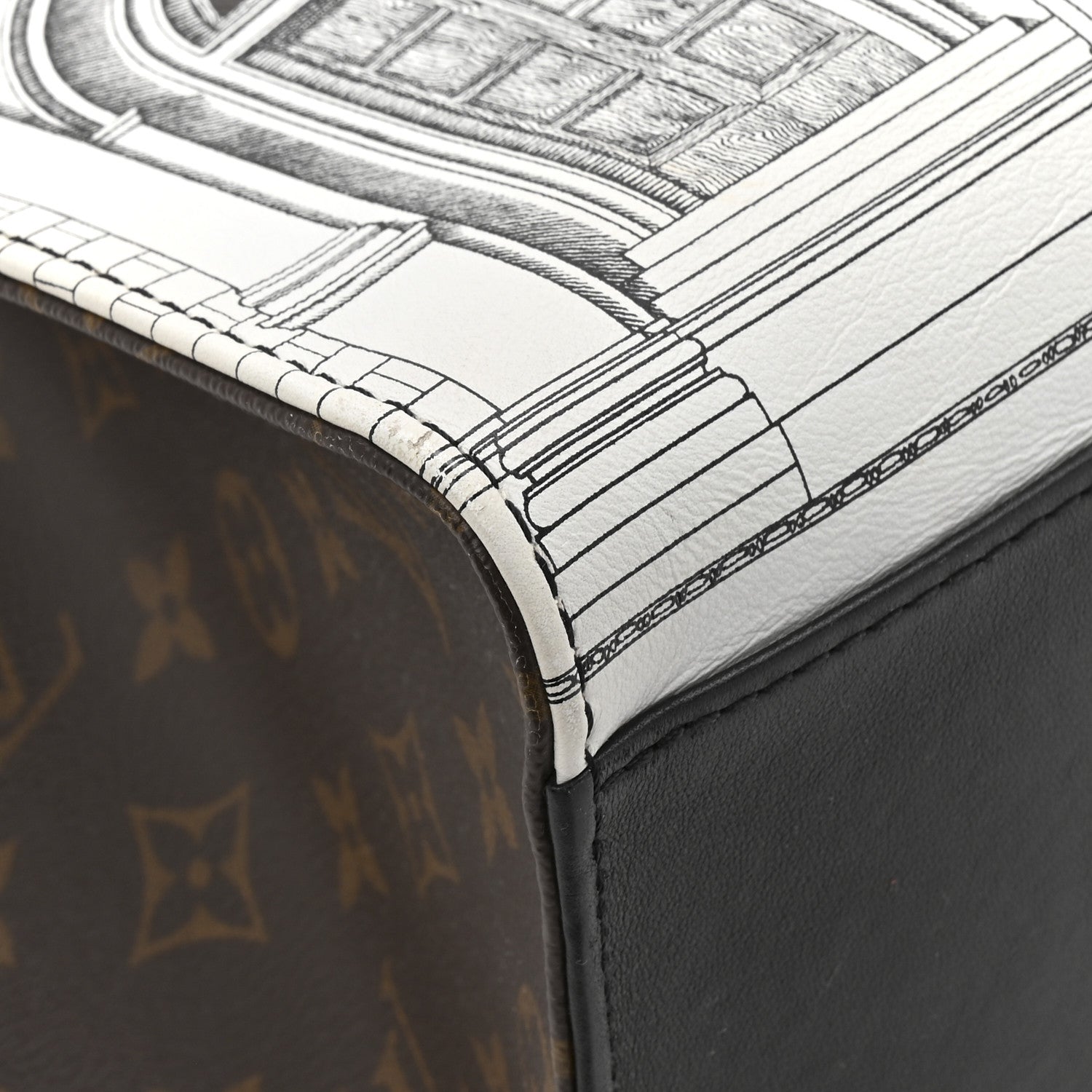 X FORNASETTI Calfskin Architettura Onthego MM Black White
