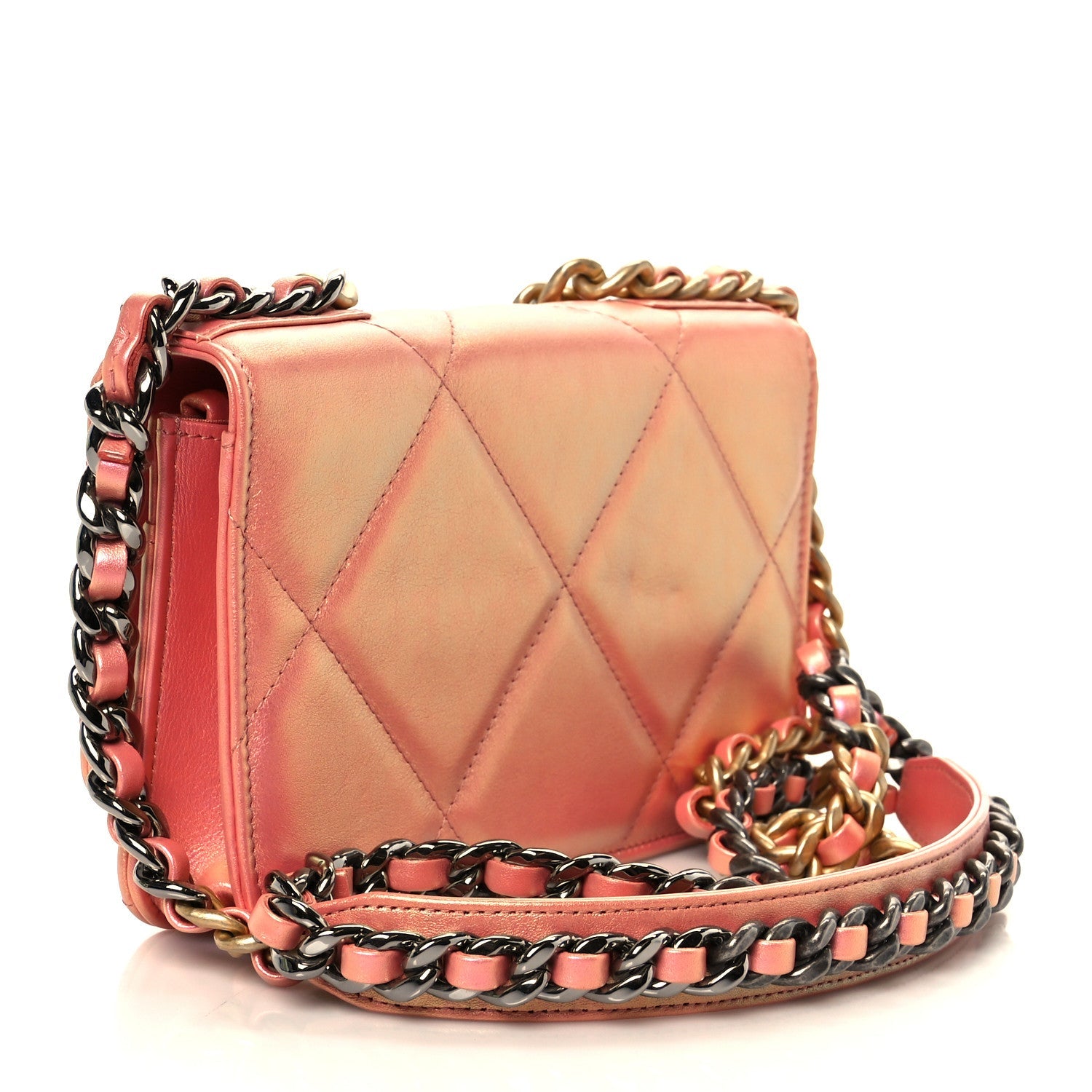 Iridescent Calfskin Quilted Chanel 19 Wallet On Chain WOC Pink
