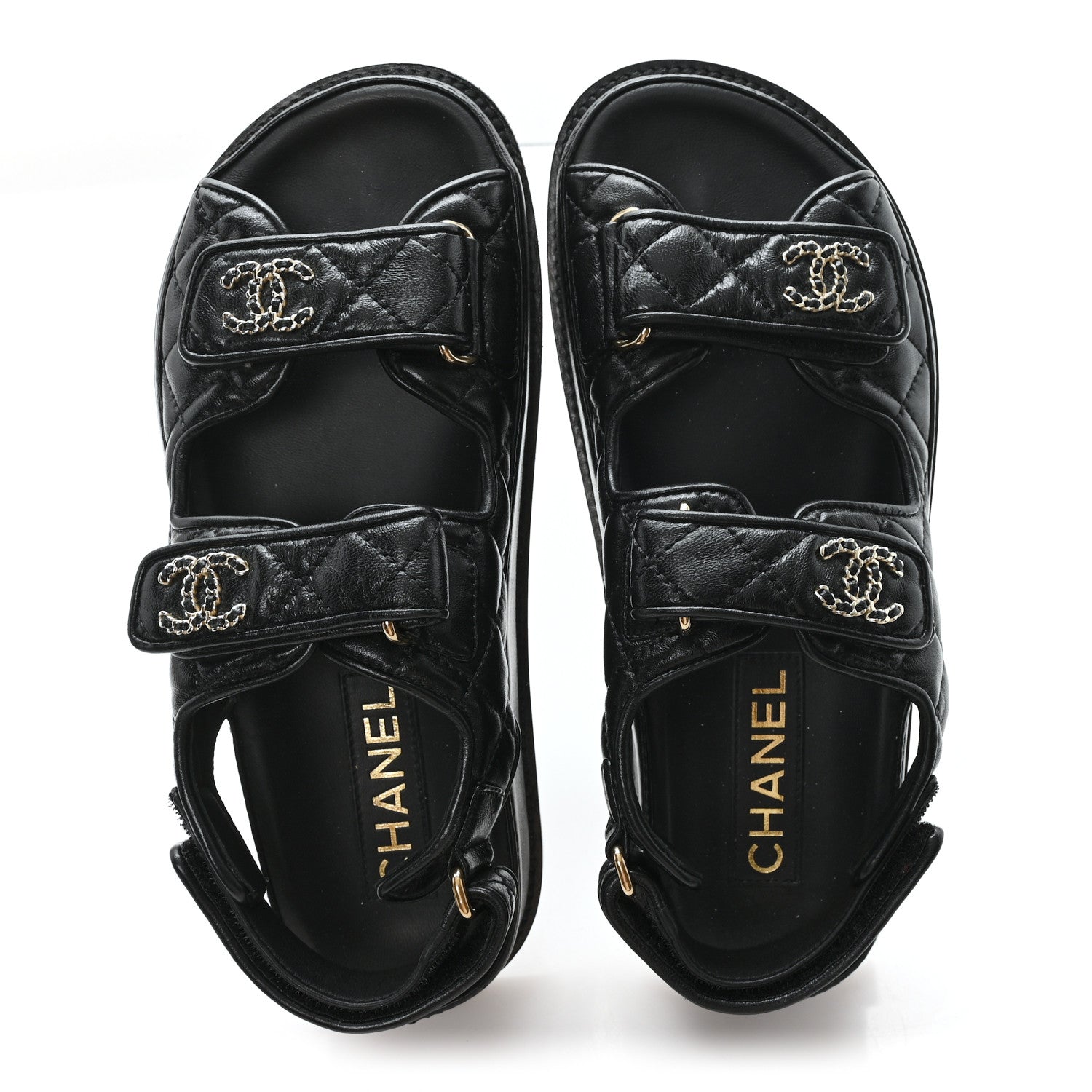 Lambskin Quilted Velcro Dad Chain CC Slide Sandals 36 Black