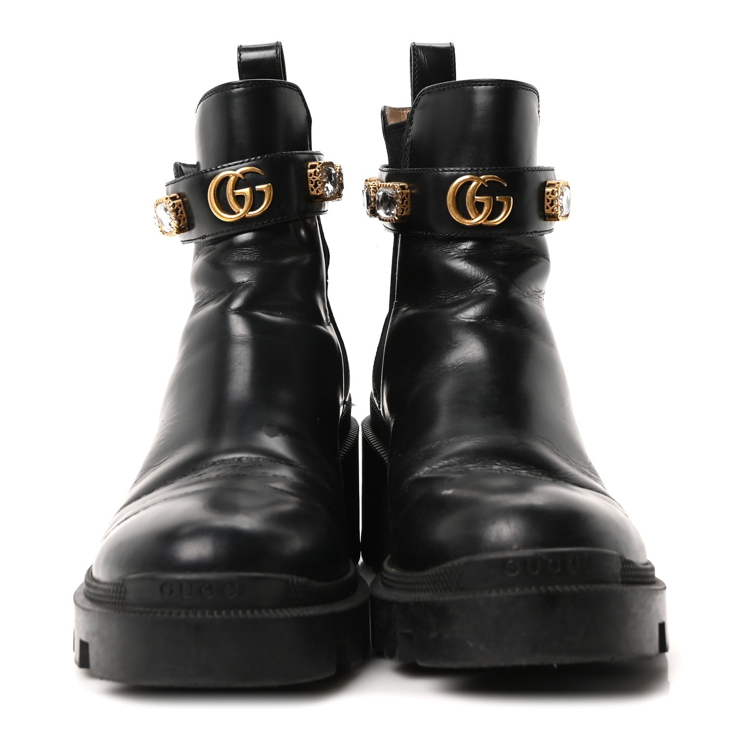 Calfskin Crystal GG Trip Chelsea Ankle Boots 38 Black