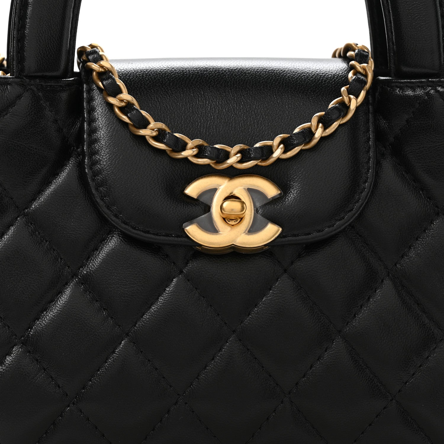 Shiny Aged Calfskin Quilted Nano Kelly Shopper Black