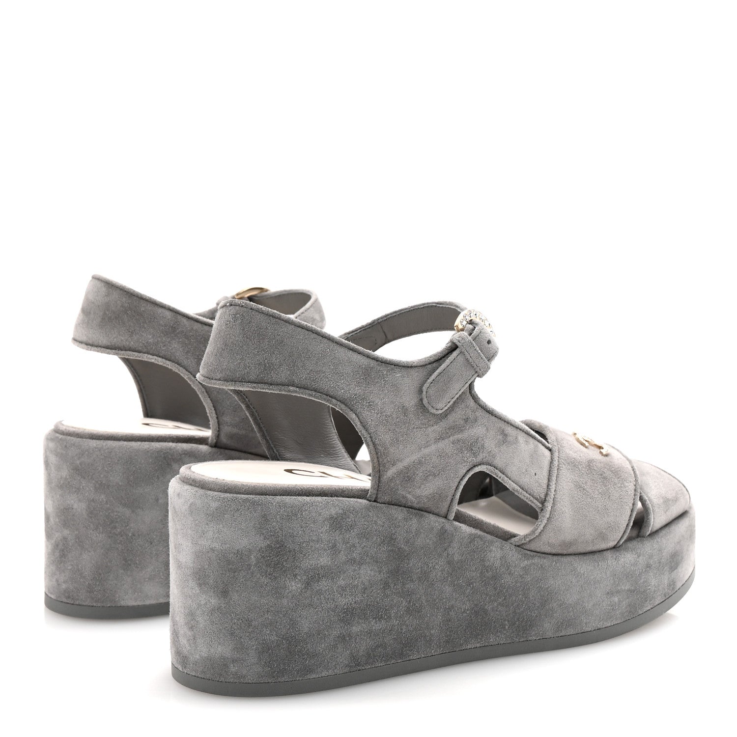 Suede Calfskin Peep Toe Wedge Sandals 37 Grey