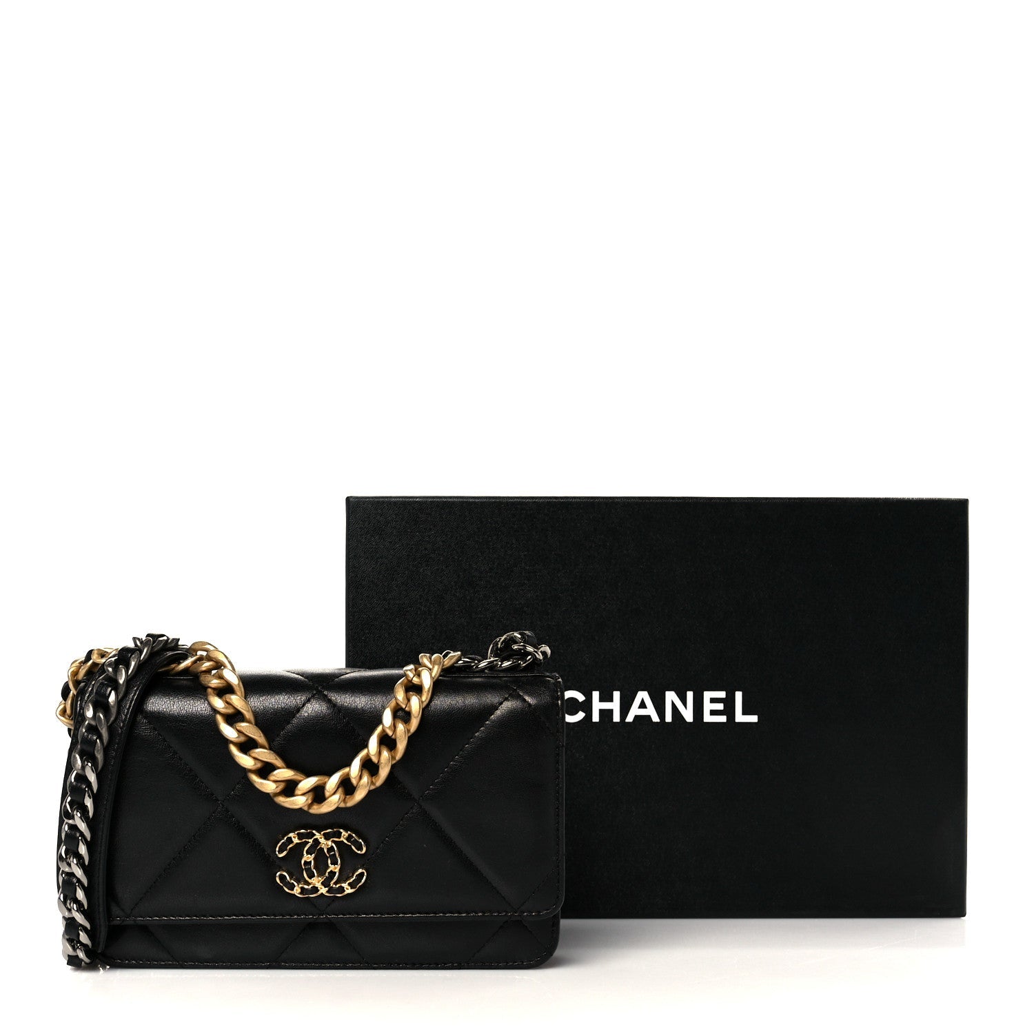 Goatskin Quilted Chanel 19 Wallet On Chain WOC Black