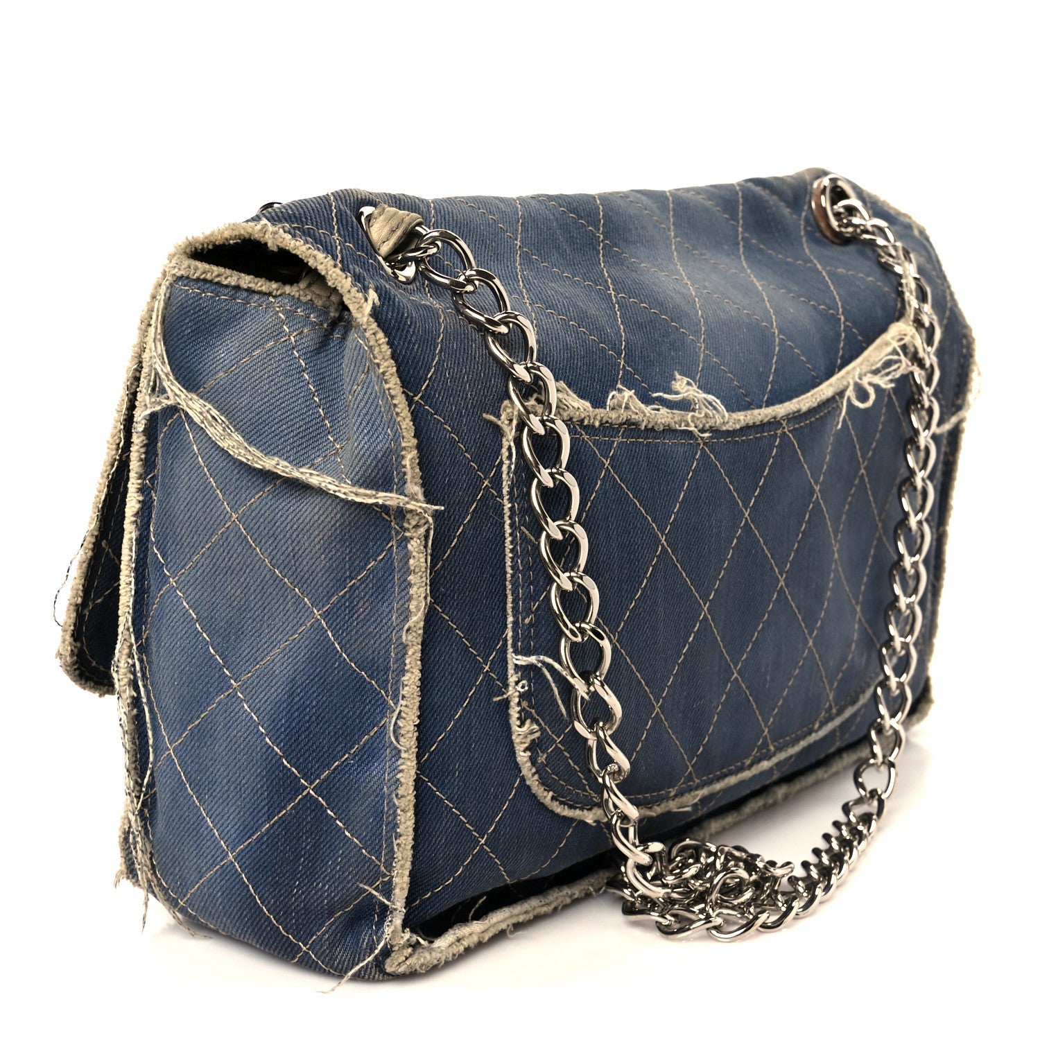 Denim Quilted Jumbo Pompom Flap Dark Blue
