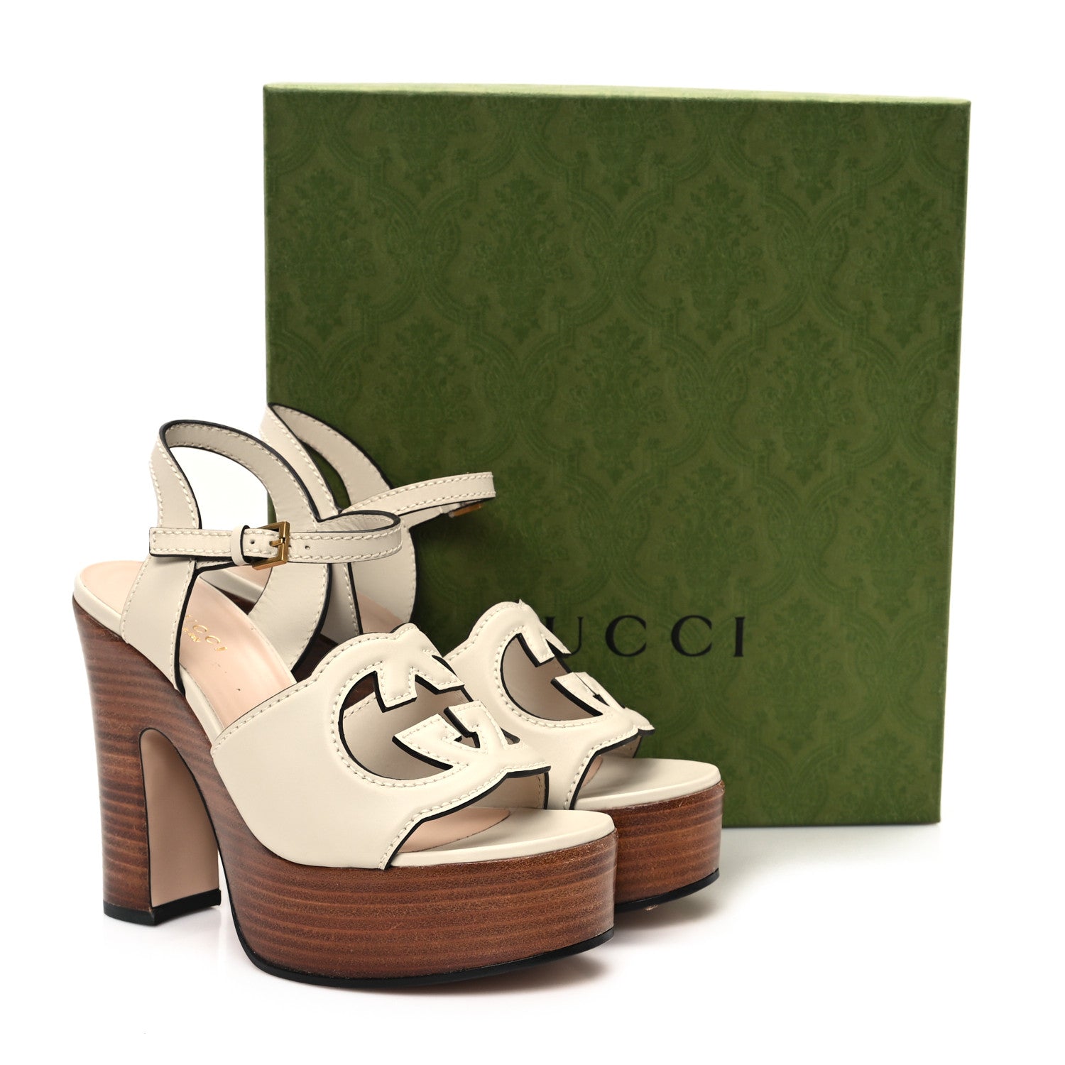 Cosmos Softy Calfskin Wooden Interlocking G Cut-Out 30/120mm Platform Sandals 36.5 Mystic White