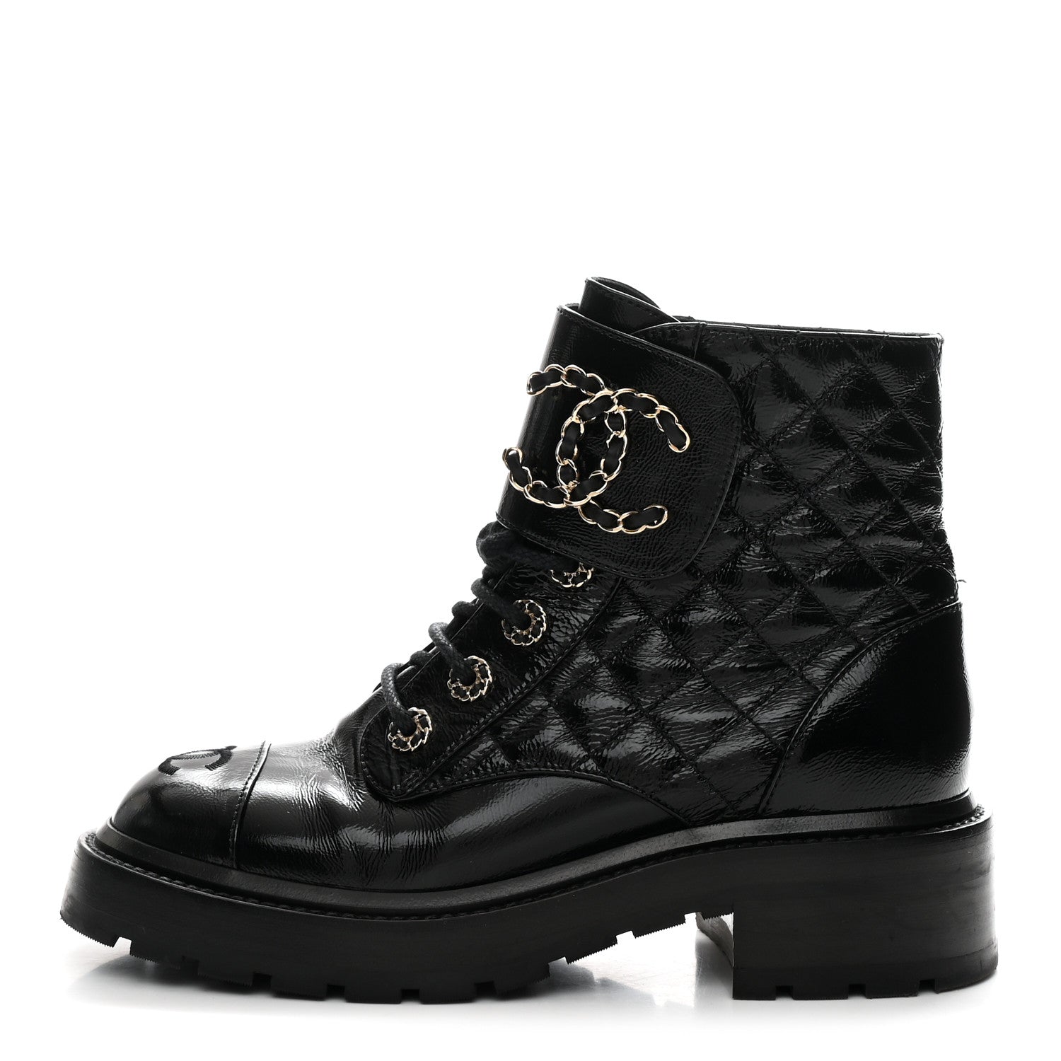 Shiny Calfskin Quilted Lace Up Combat Boots 36 Black