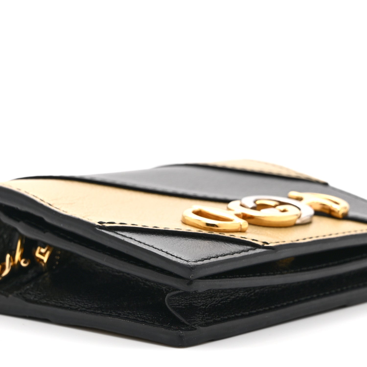 Calfskin Diagonal Striped Zumi Chain Card Case Wallet Black Beige