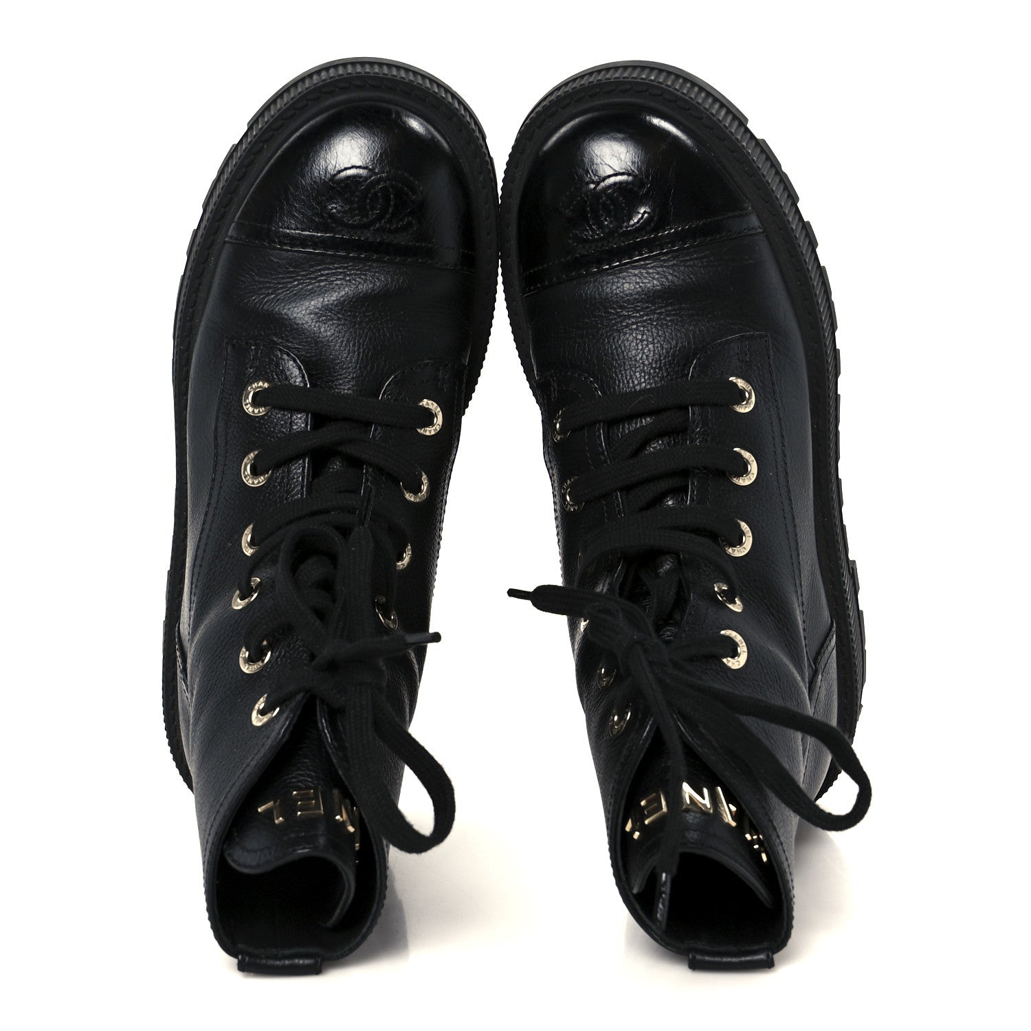 Grained Calfskin Shiny Calfskin CC Lace Up Combat Boots 37.5 Black